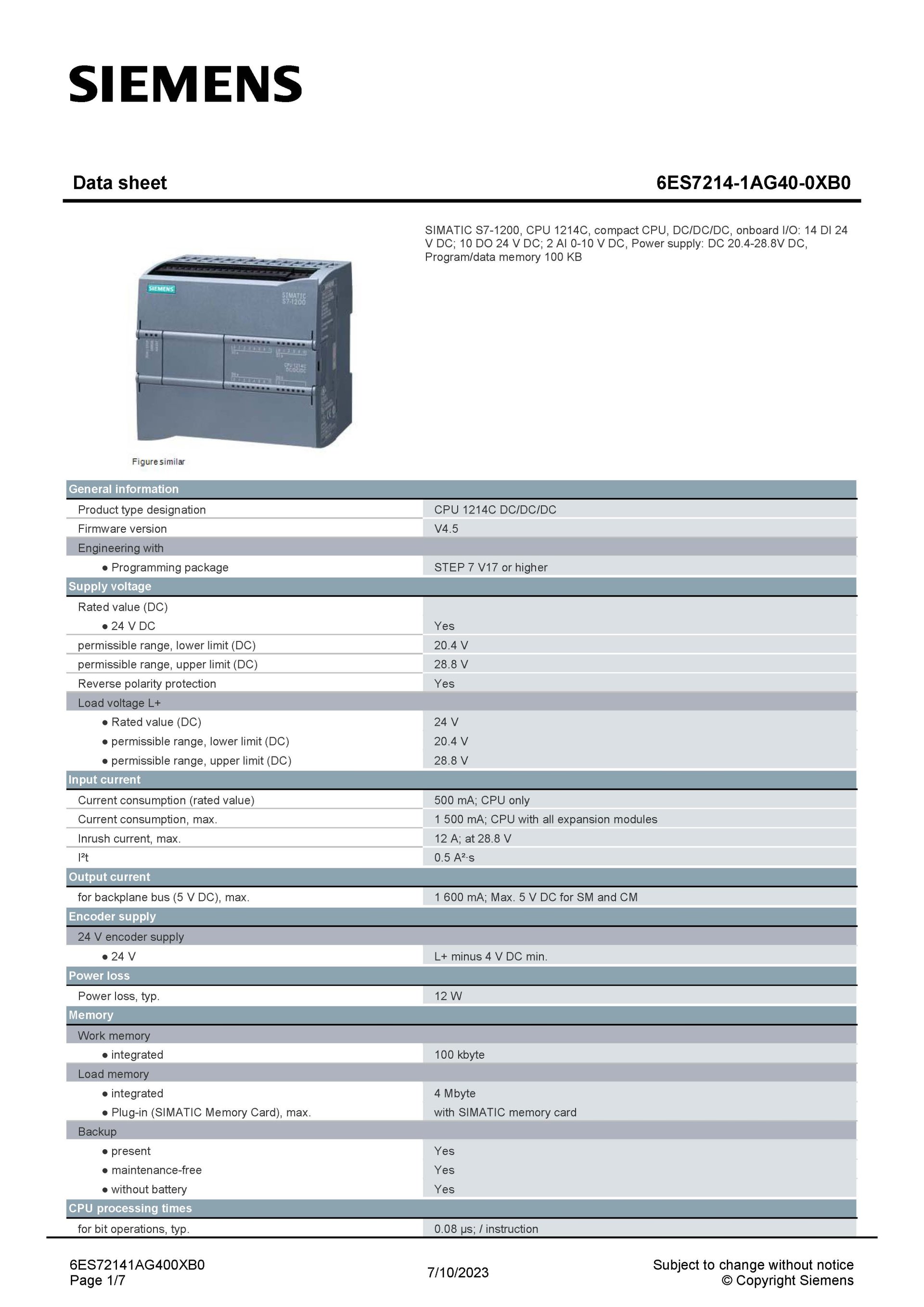 SIEMENS 6ES7214-1AG40-0XB0 สเปกหน้า 1