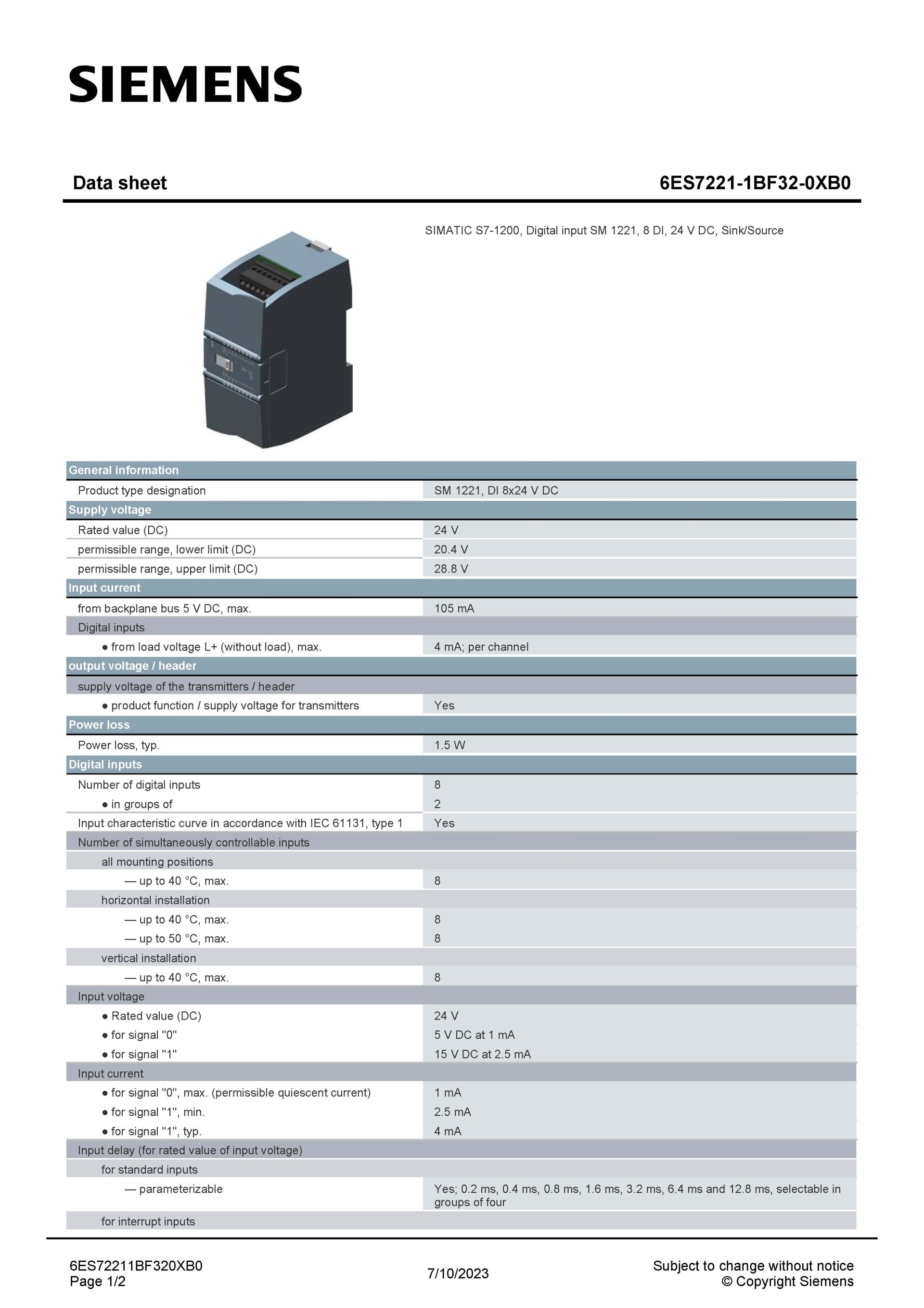 SIEMENS 6ES7221-1BF32-0XB0 สเปกหน้า 1