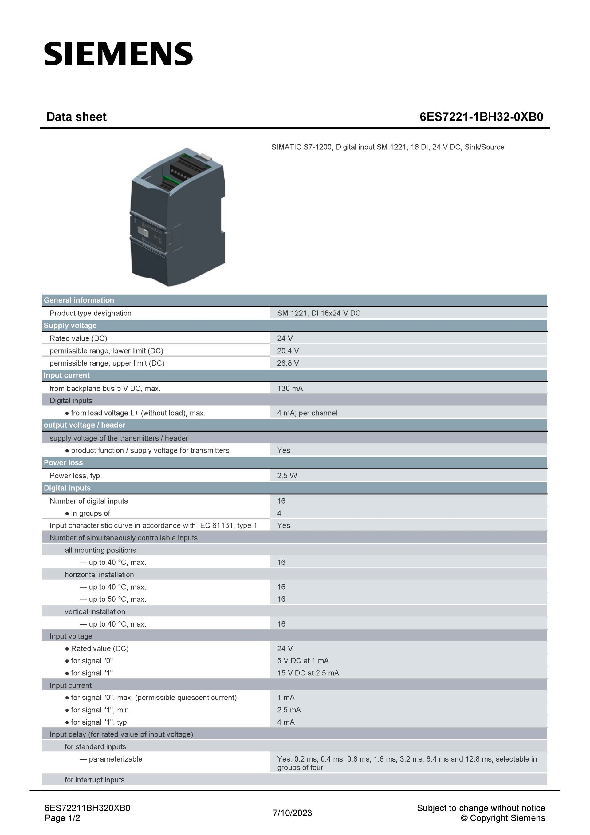 SIEMENS 6ES7221-1BH32-0XB0 สเปกหน้า 1