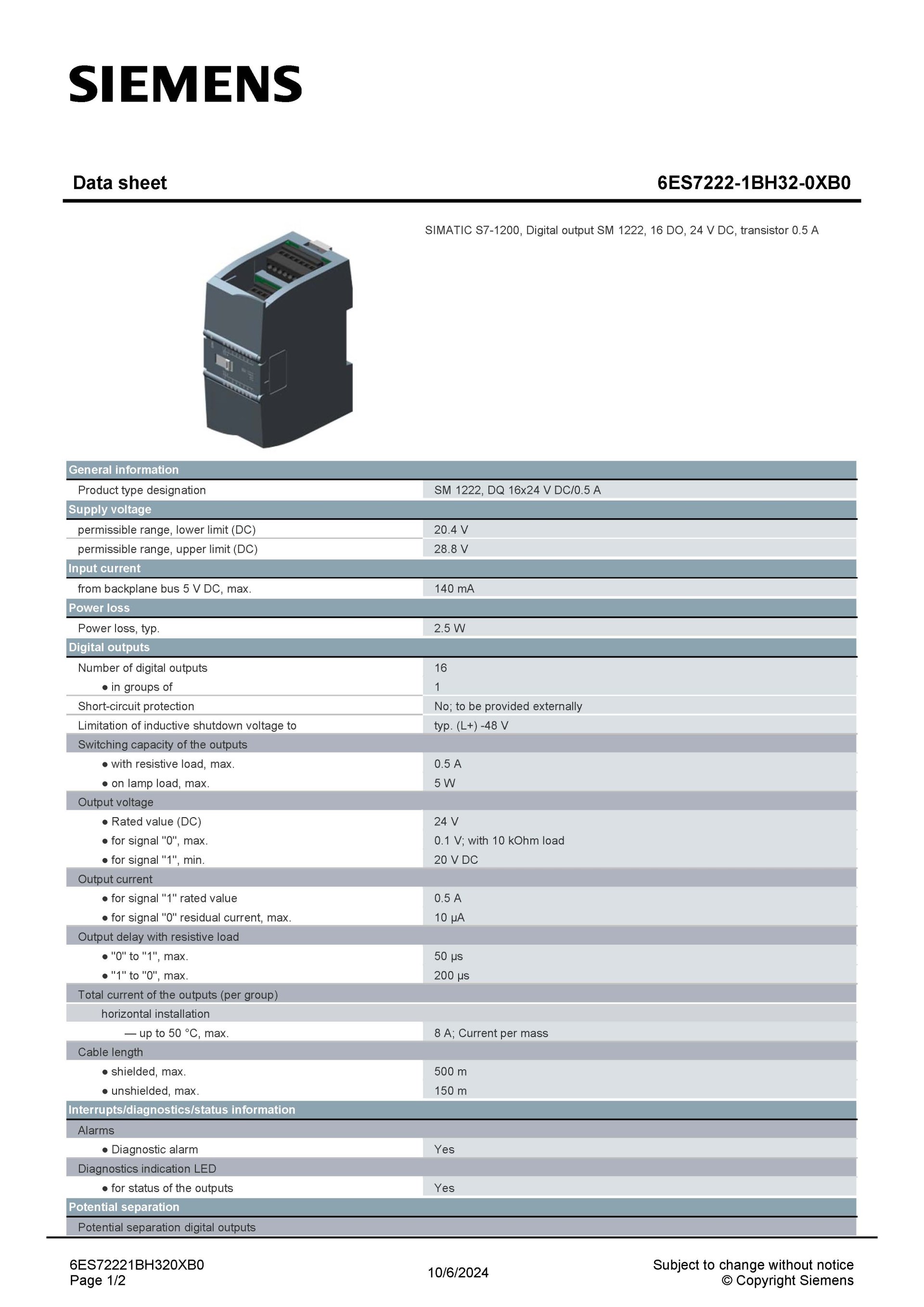 SIEMENS 6ES7222-1BH32-0XB0 สเปกหน้า 1