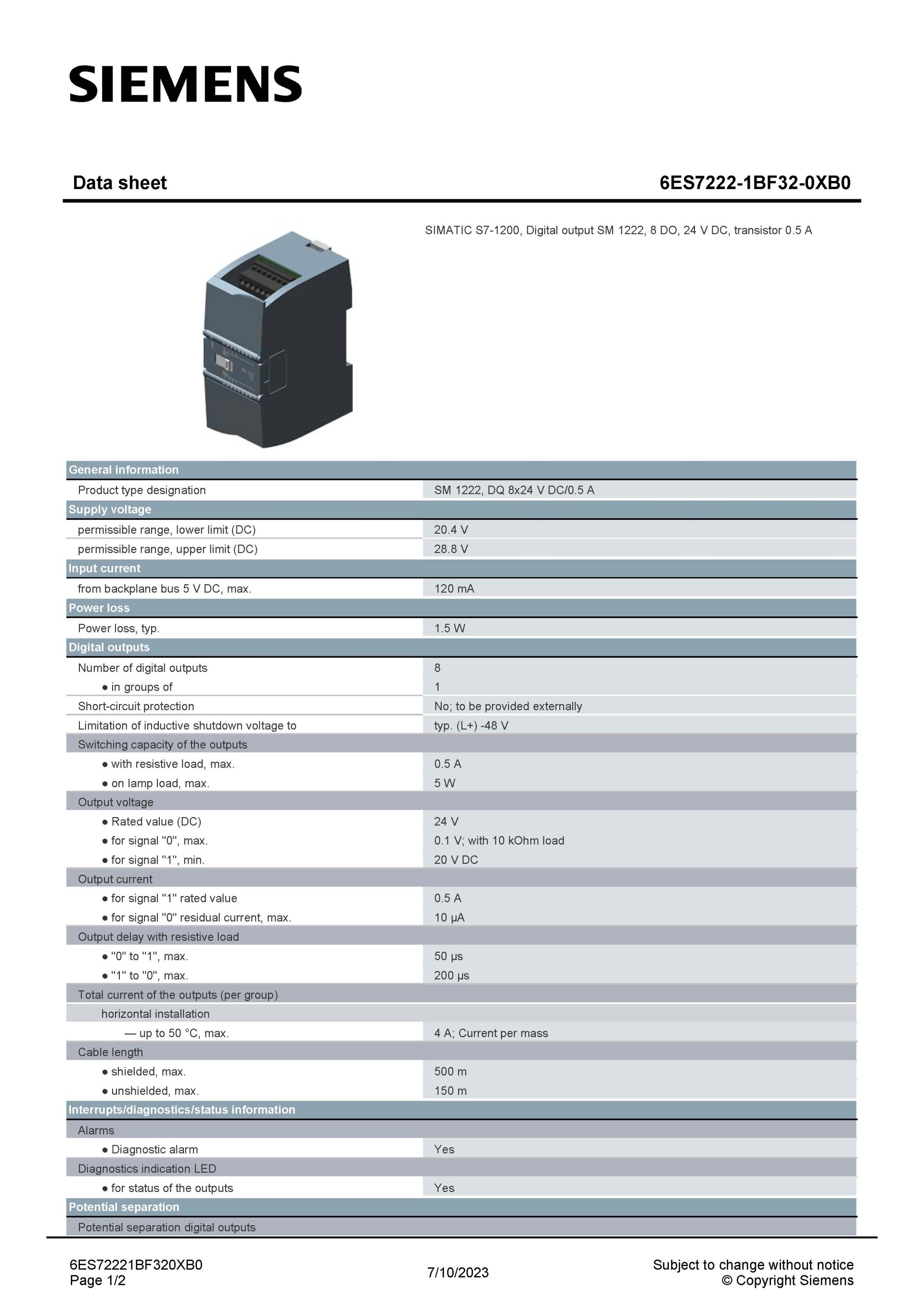 SIEMENS 6ES7222-1BF32-0XB0 สเปกหน้า 1