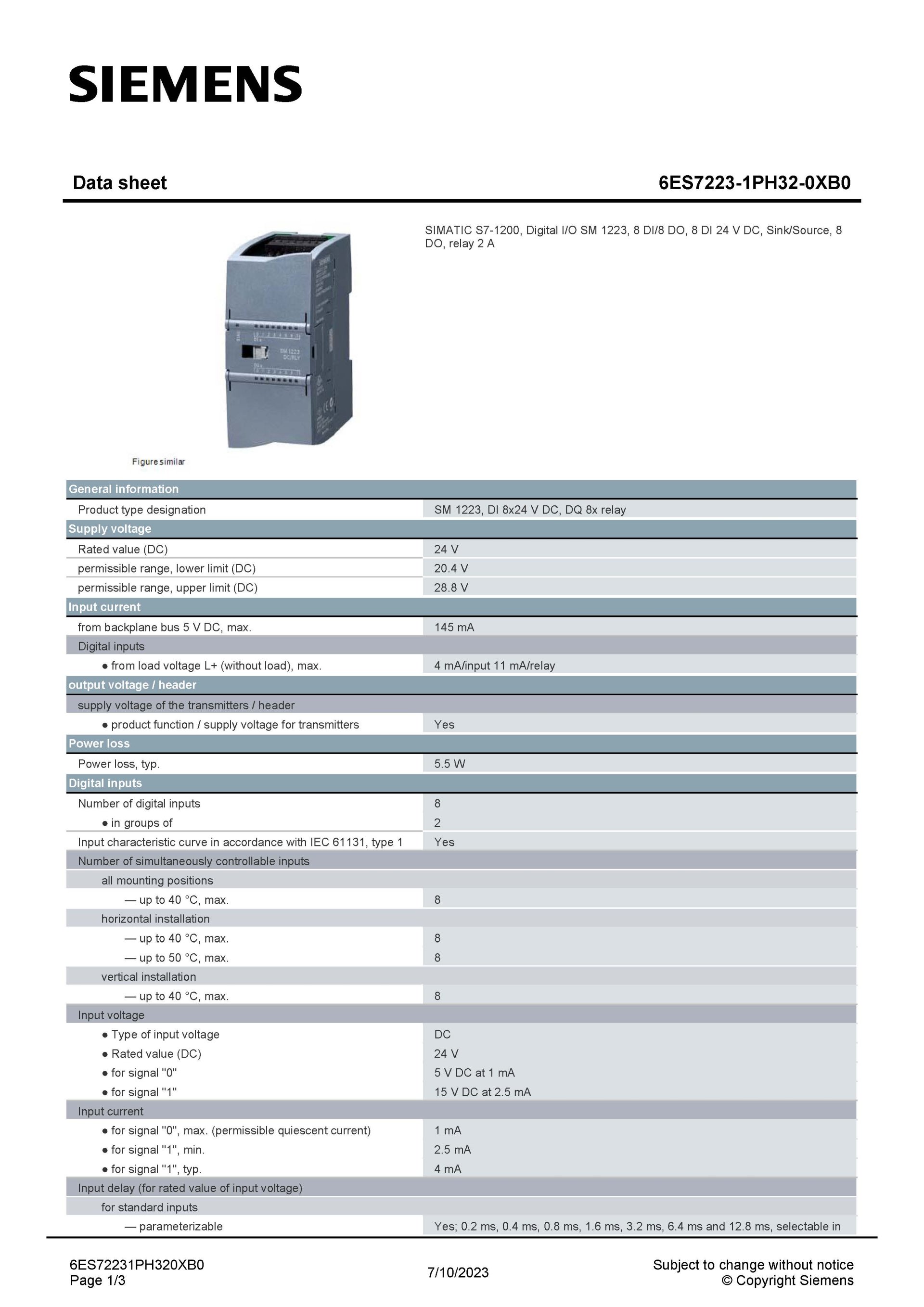 SIEMENS 6ES7223-1PH32-0XB0 Data Sheet page 1