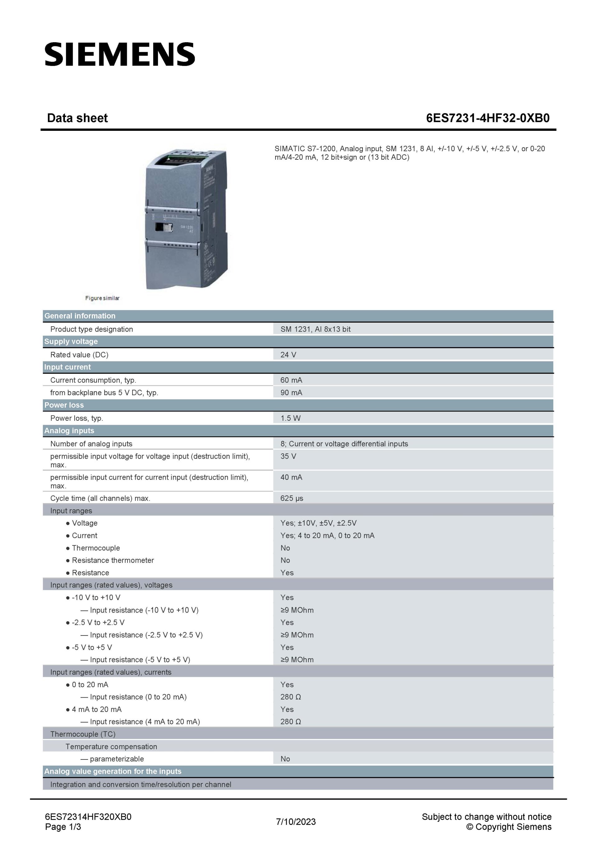 SIEMENS 6ES7231-4HF32-0XB0 สเปกหน้า 1