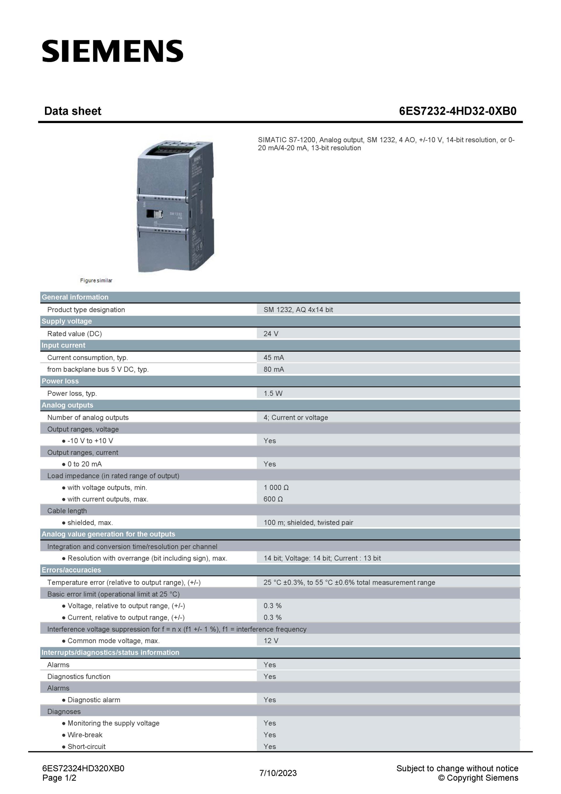 SIEMENS 6ES7232-4HD32-0XB0 สเปกหน้า 1