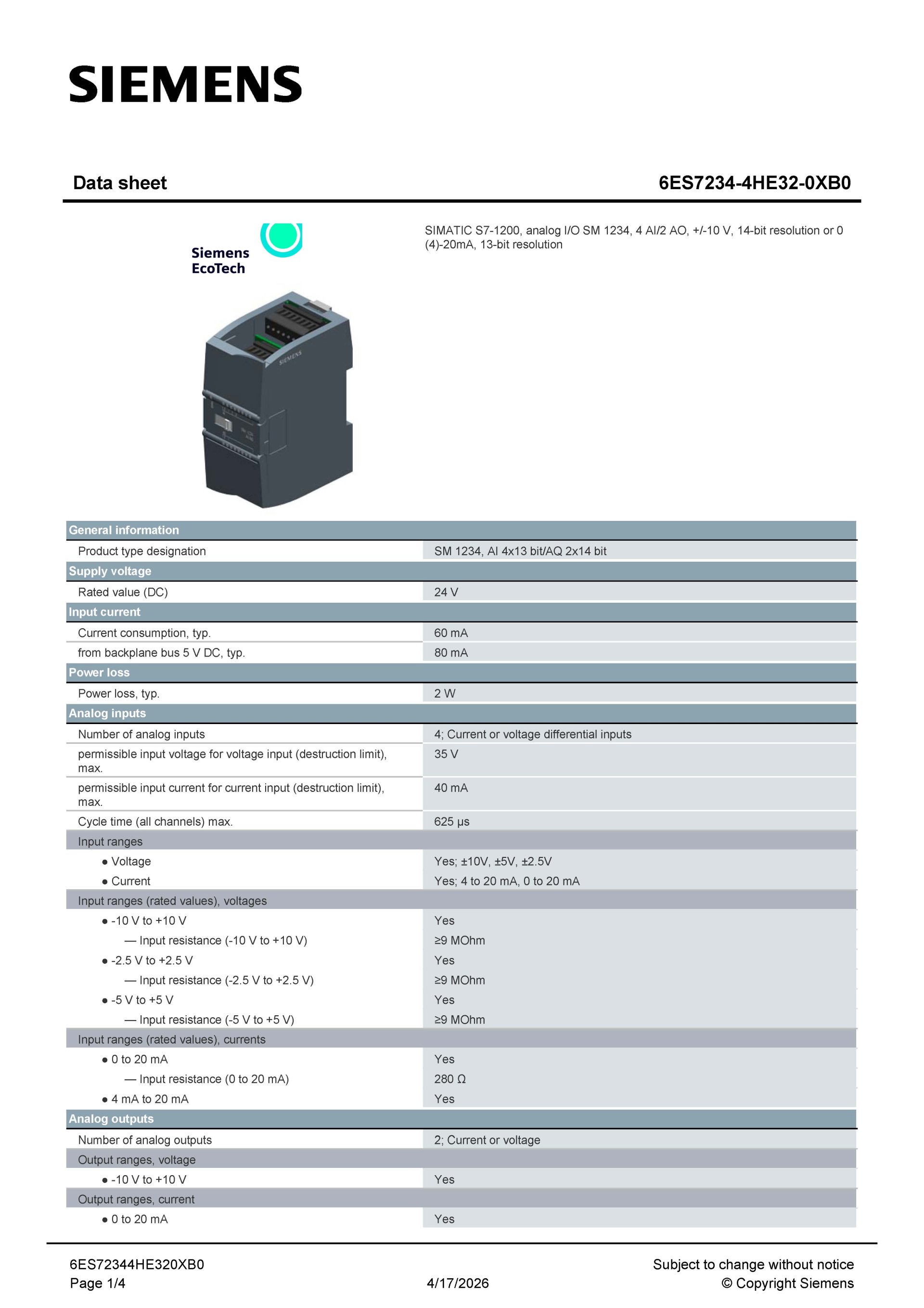 SIEMENS 6ES7234-4HE32-0XB0 สเปกหน้า 1