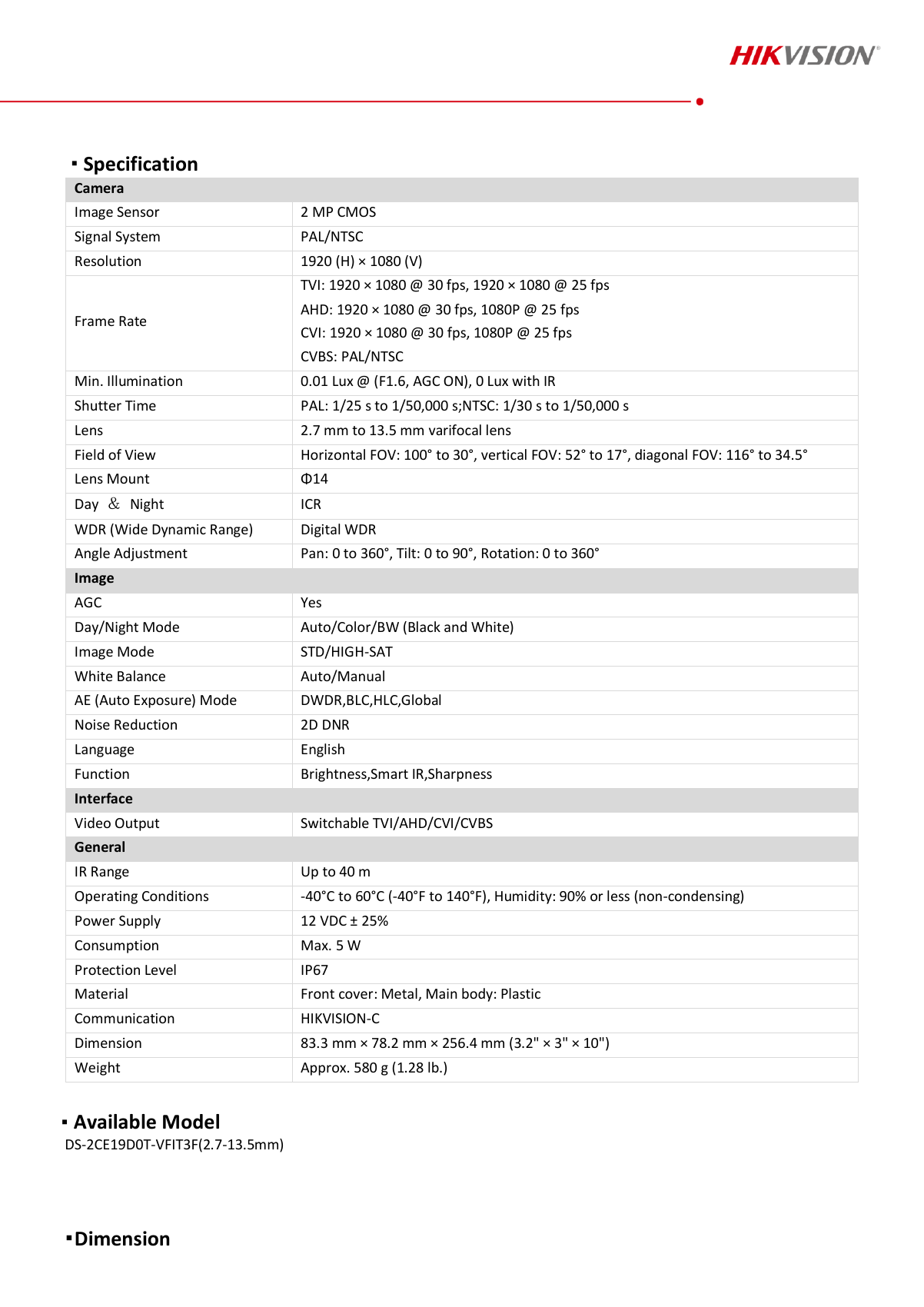 HIKVISION DS-2CE19D0T-VFIT3F(C) Data Sheet page 2
