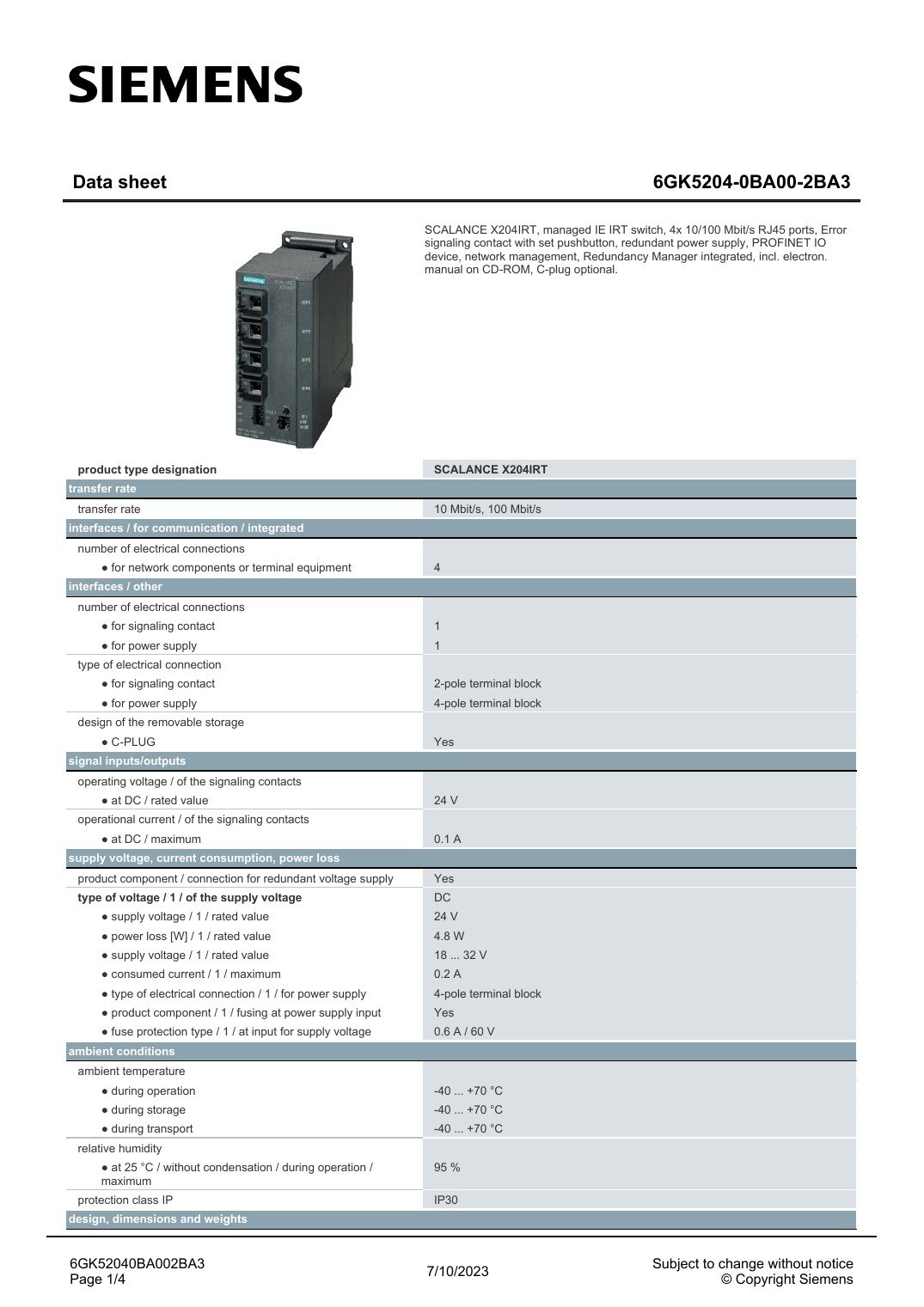 SIEMENS 6GK5204-0BA00-2BA3 Data Sheet หน้า 1