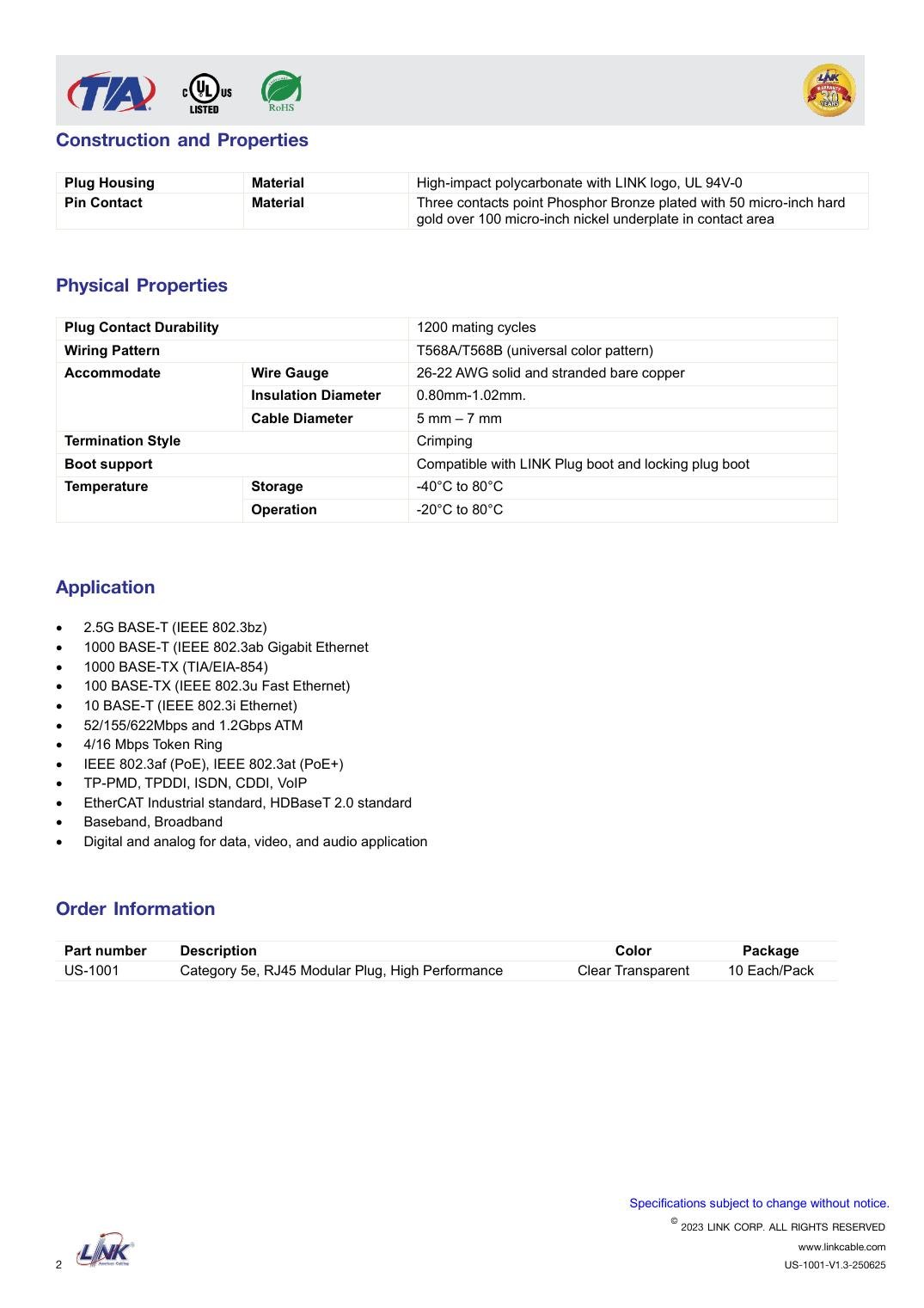 US-1001 Data Sheet หน้า 2