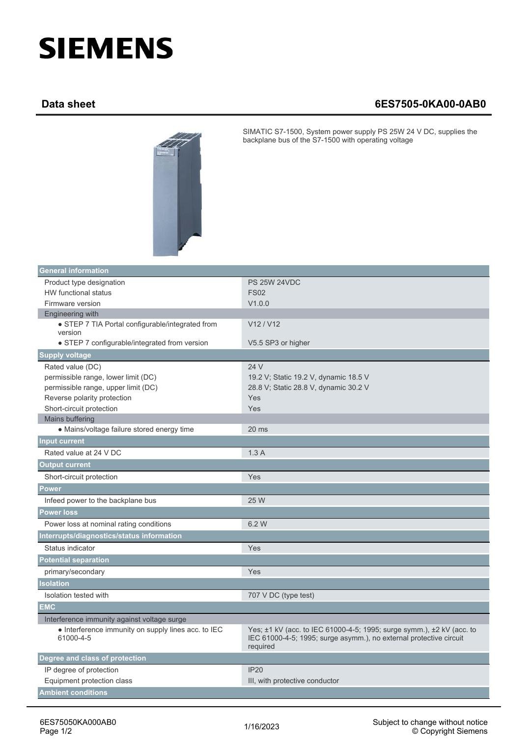 6ES7505-0KA00-0AB0 Data Sheet หน้า 1