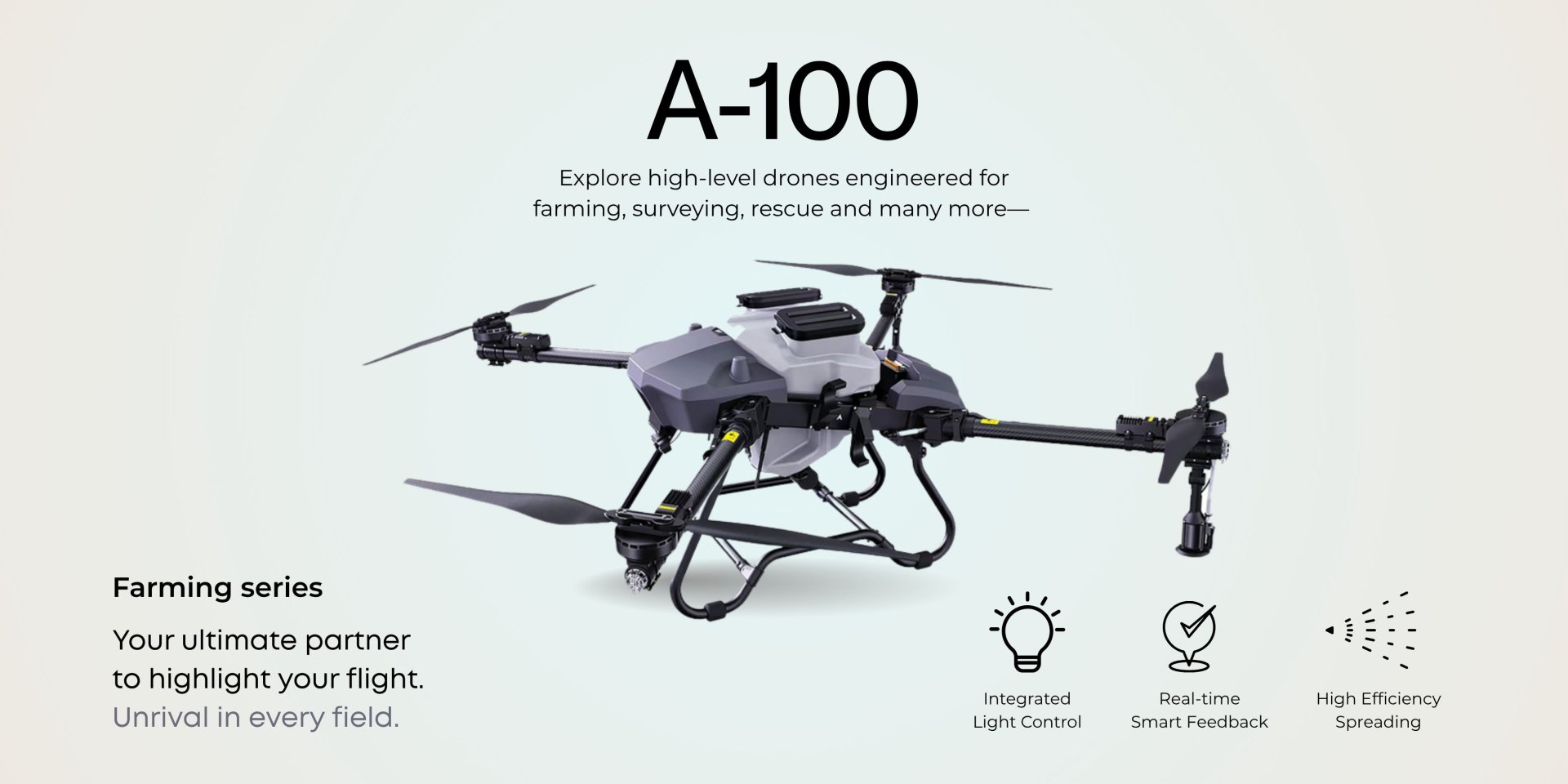 A-100 on grey farming drones with various descriptions and features 