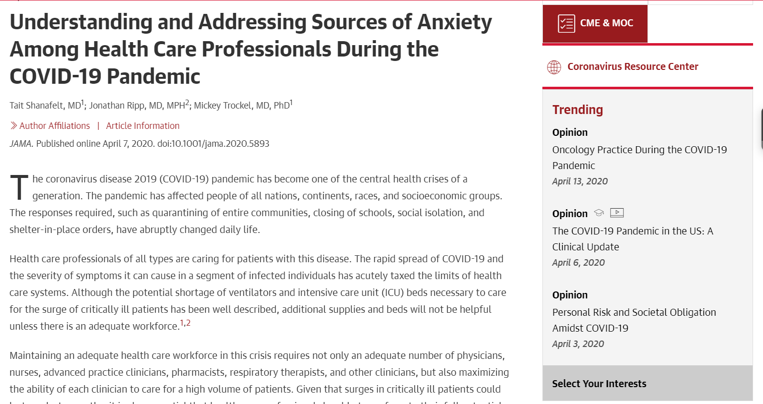 Understanding and Addressing Sources of Anxiety Among Health Care Professionals During the COVID-19 Pandemic