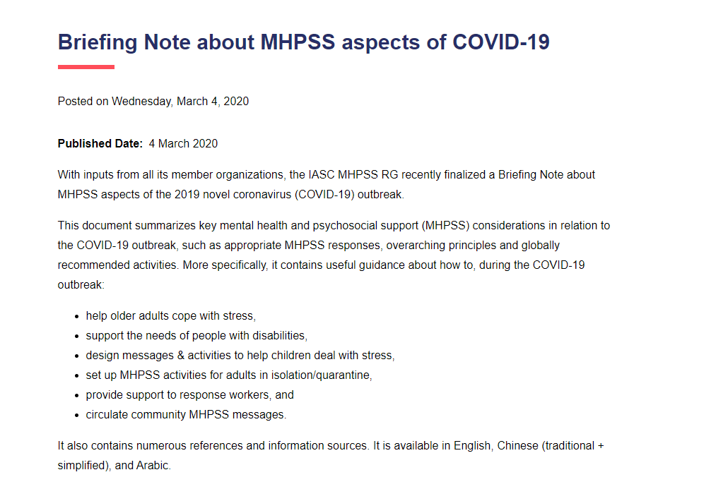 Briefing note on addressing mental health and psychosocial aspects of COVID-19 Outbreak Version 1.1