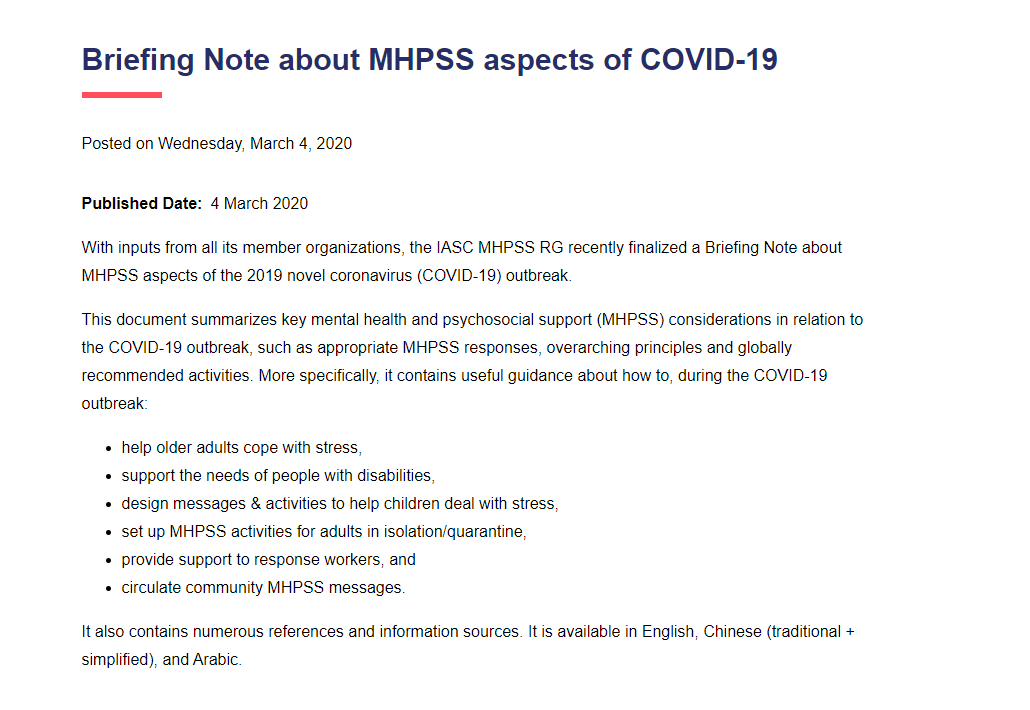 Briefing note on addressing mental health and psychosocial aspects of COVID-19 Outbreak Version 1.1 Briefing note on addressing mental health and psychosocial aspects of COVID-19 Outbreak Version 1.1