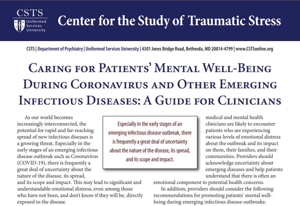 Caring for Patients' Mental Well-Being During Coronavirus and Other Emerging Infectious Diseases: A Guide for Clinicians