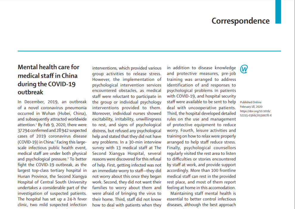 Mental health care for medical staff in China during the COVID-19 outbreak Mental health care for medical staff in China during the COVID-19 outbreak