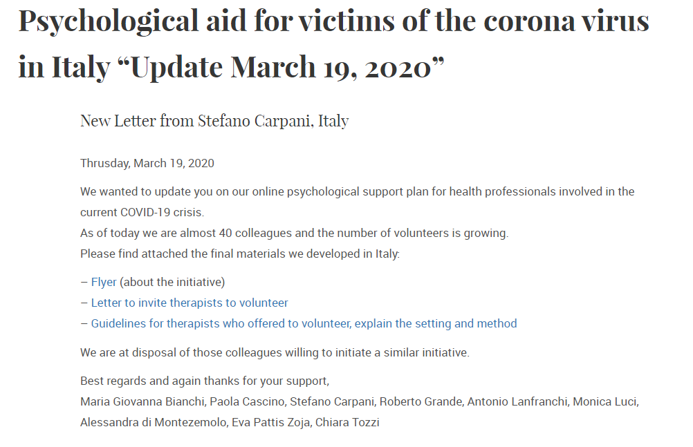 Psychological aid for victims of the corona virus in Italy “Update March 19, 2020