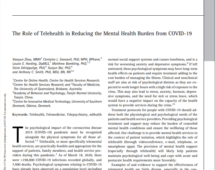 The Role of Telehealth in Reducing the Mental Health Burden from COVID-19