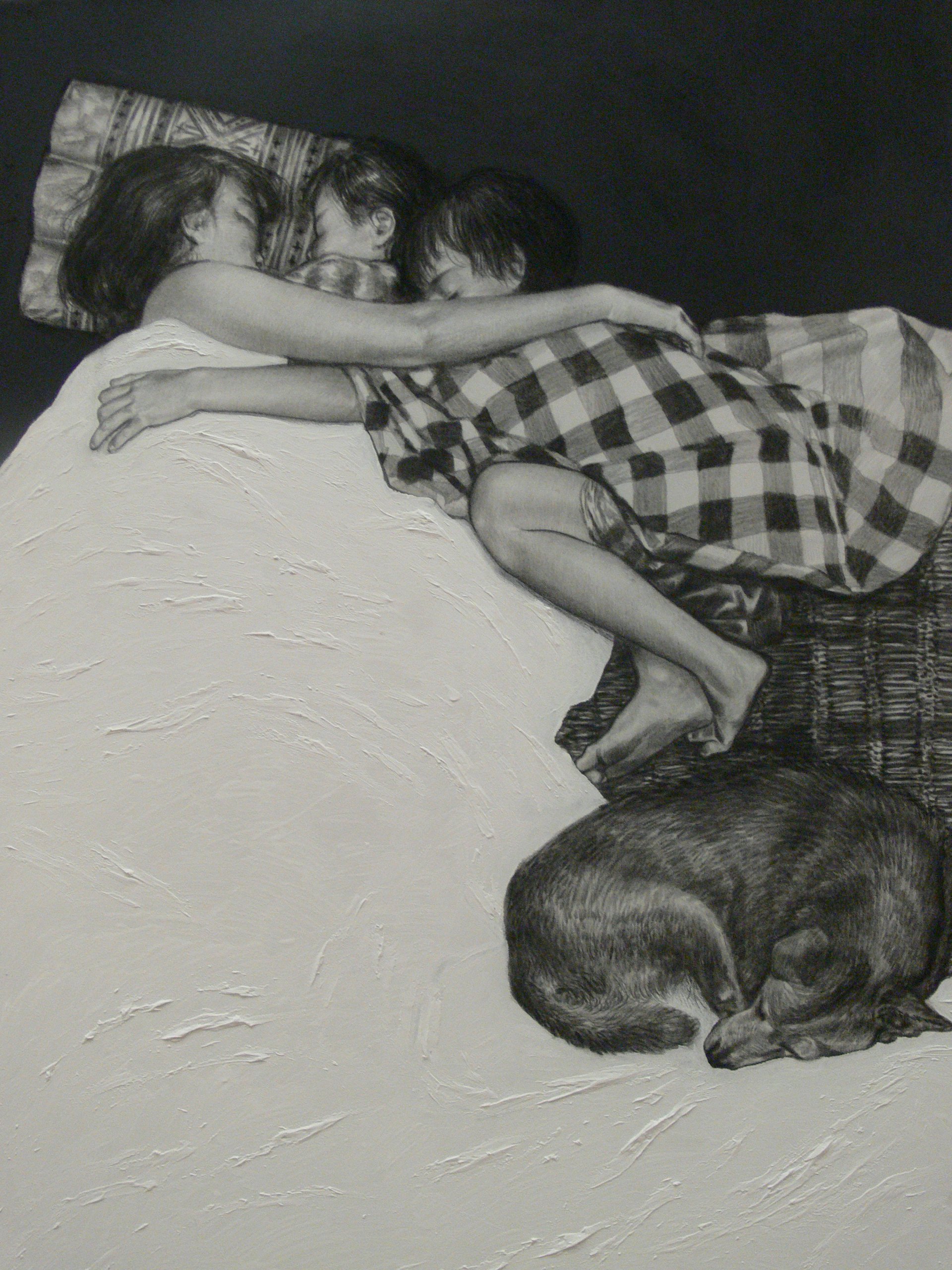 Hug, 120x100 c.m., charcoal and acrylic on fabric, 2011