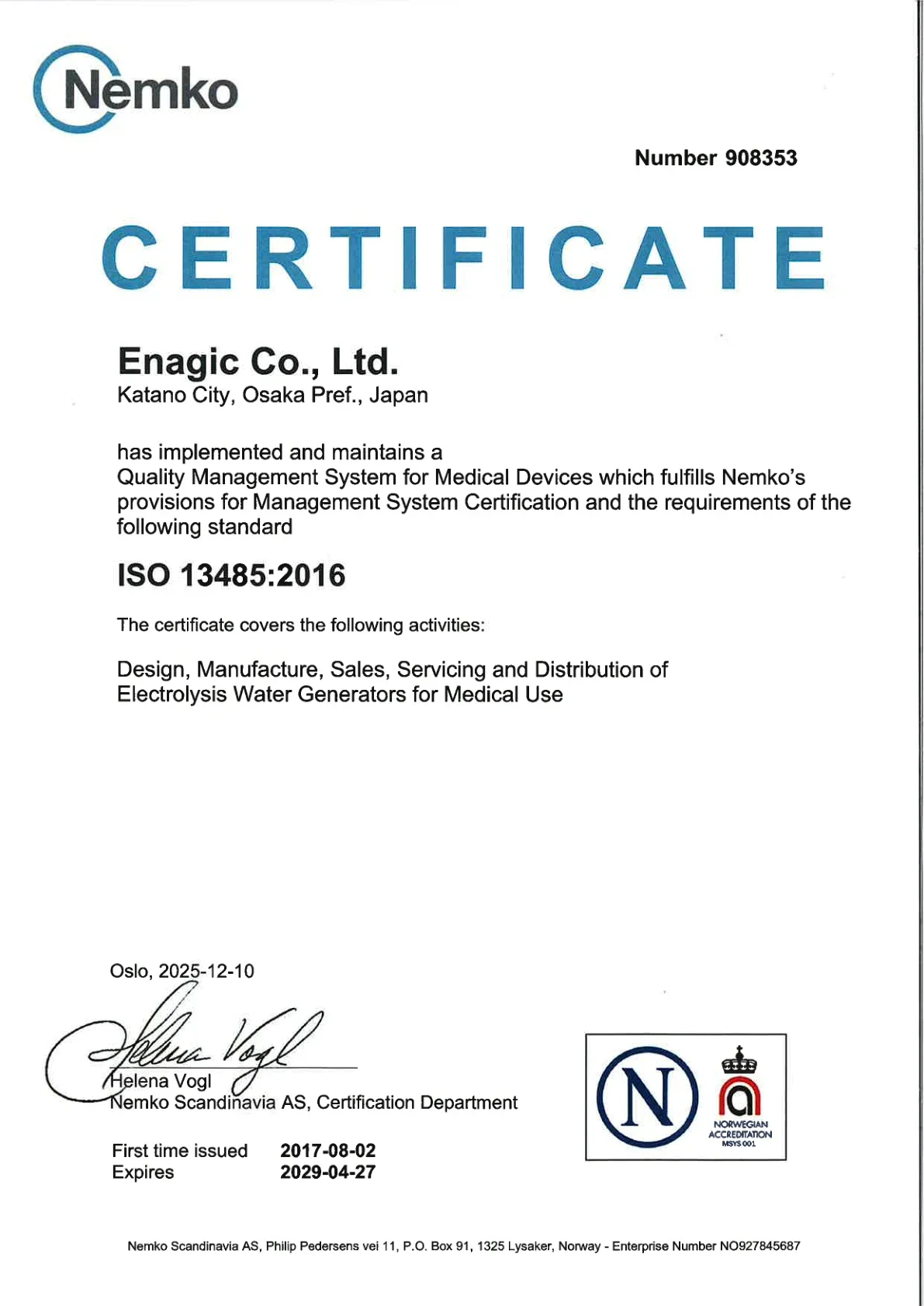 ใบรับรอง ISO 13485 ของ Enagic