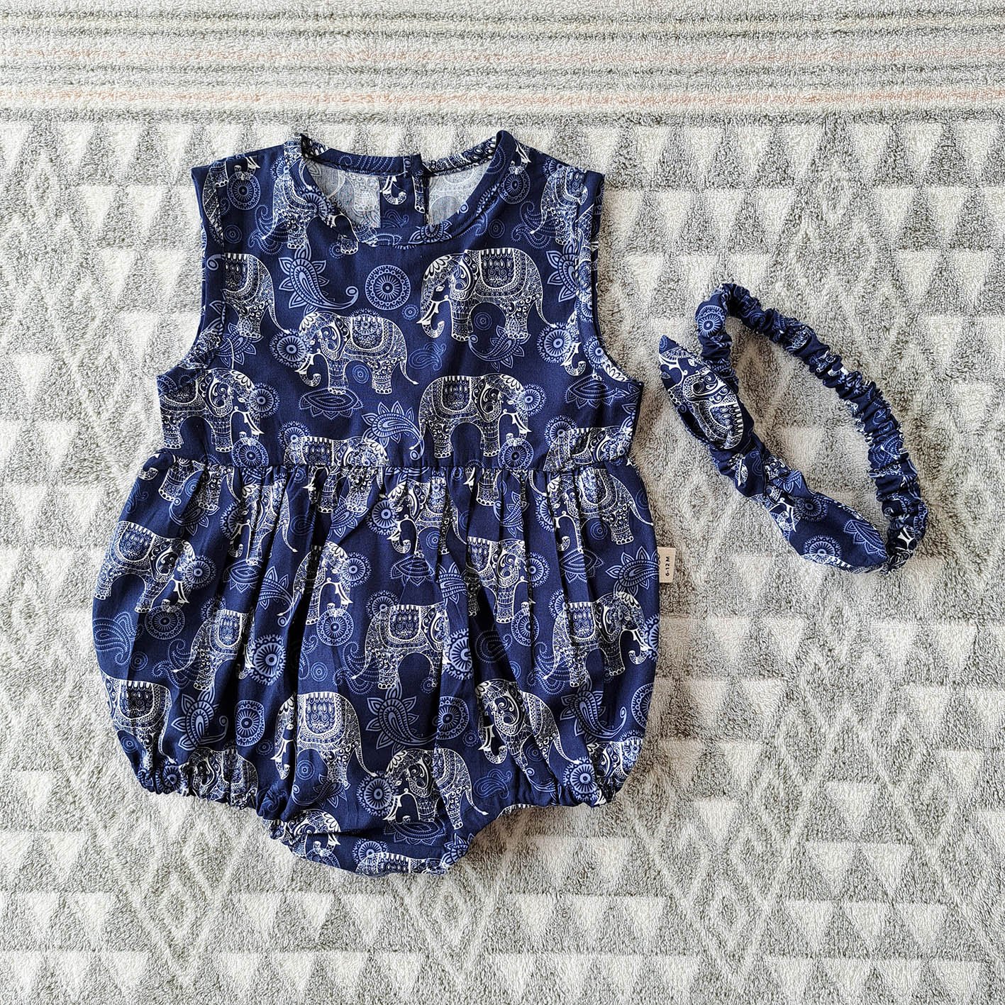 BUTTONS BACK THAI ELEPHANTS NAVY BLUE ROMPER 100% PRINTED COTTON*HEADBAND NOT INCLUDED