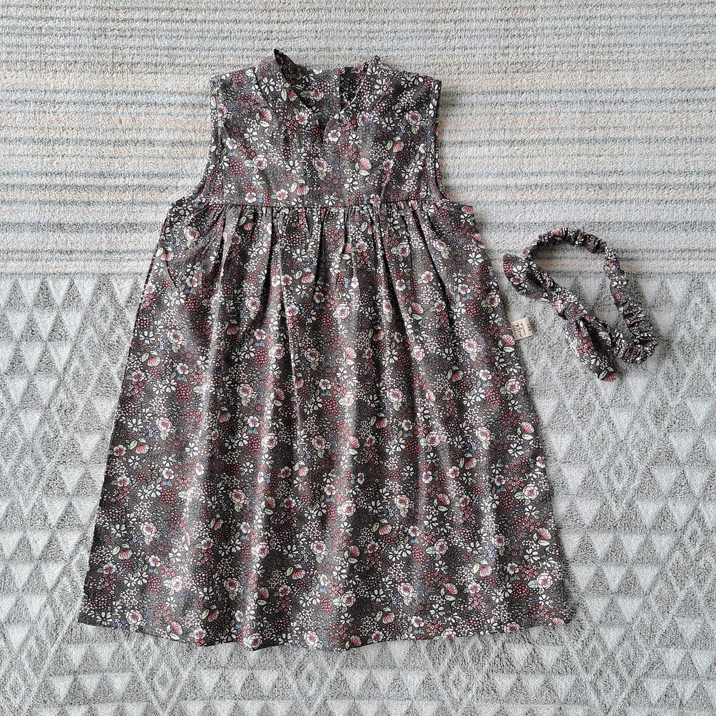MANDARIN COLLAR BUTTONS BACK DRESS BROWN  100% PRINTED COTTON*HEADBAND NOT INCLUDED