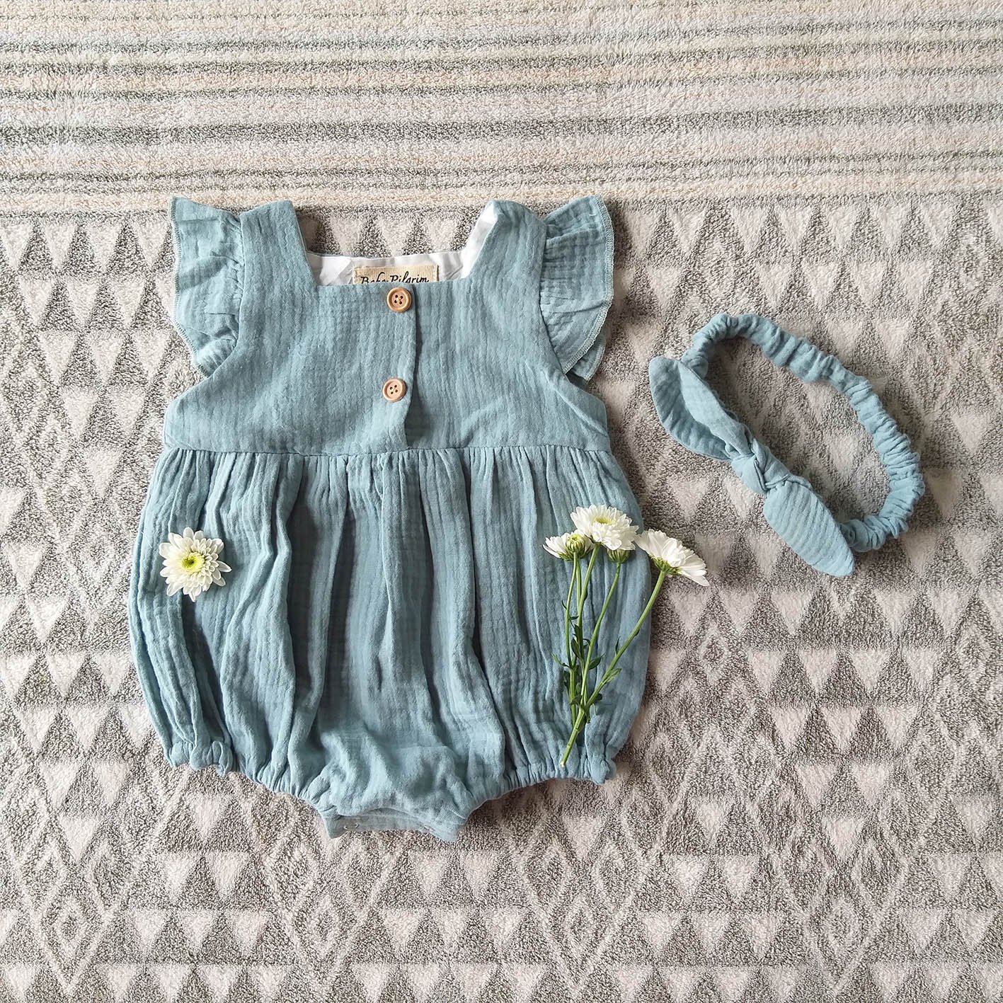 FLUTTER SLEEVES ROMPER 100% COTTON TEAL BLUE *HEADBAND NOT INCLUDED