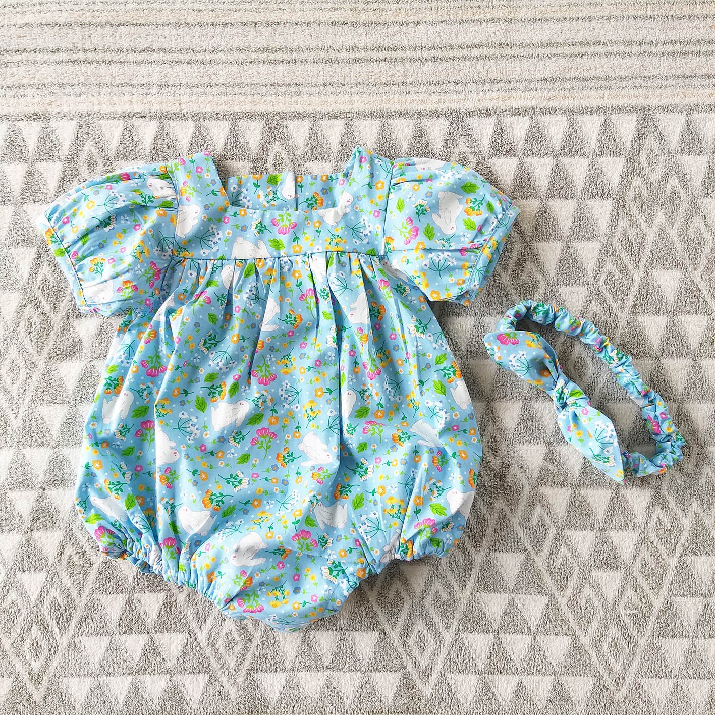 BLUE RABBITS PUFF SLEEVES ROMPER 100% PRINTED COTTON*HEADBAND NOT INCLUDED