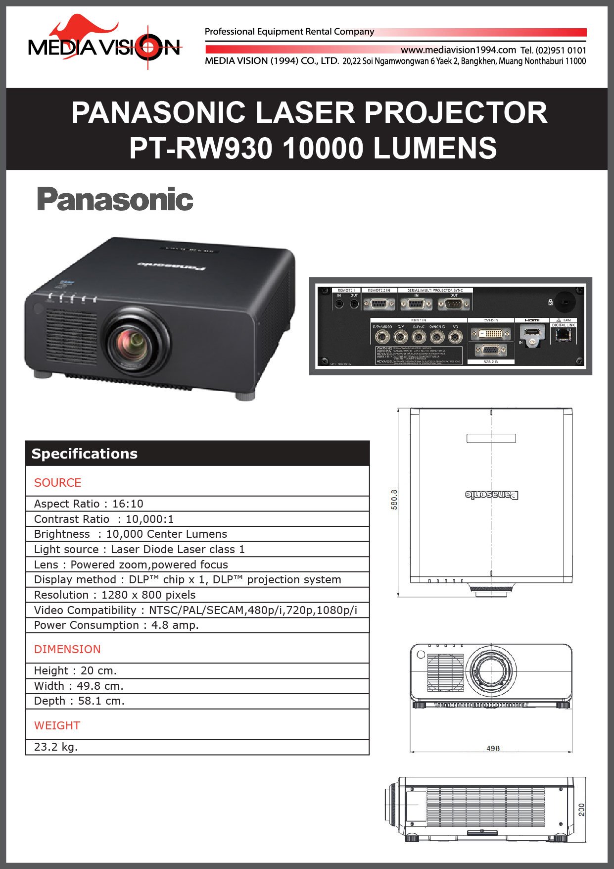 PANASONIC LASER PROJECTOR PT-RW930 10000 LUMENS