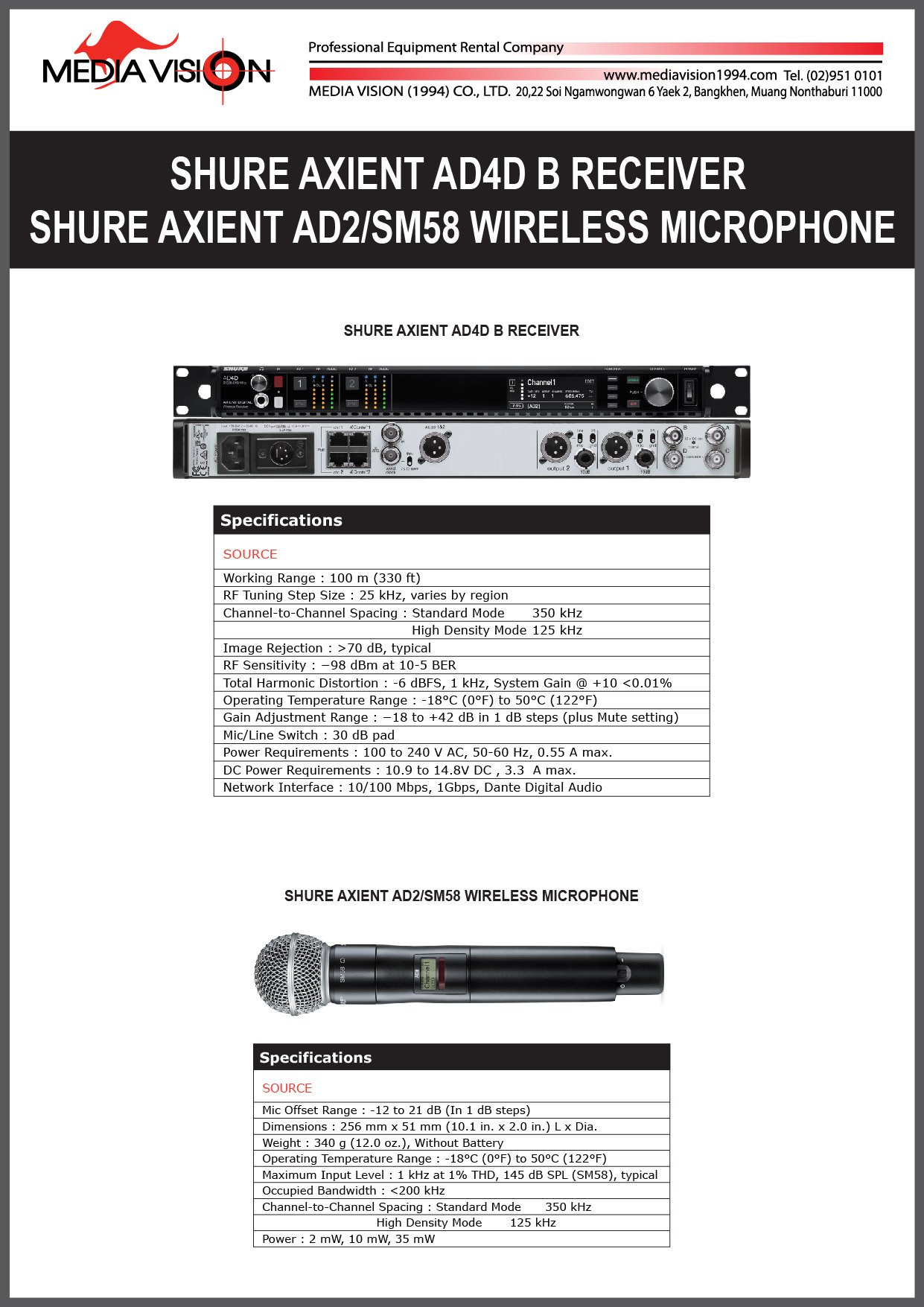 SHURE AXIENT  AD4D B RECEIVER , SHURE AXIENT AD2/SM58 WIRELESS MICROPHONE