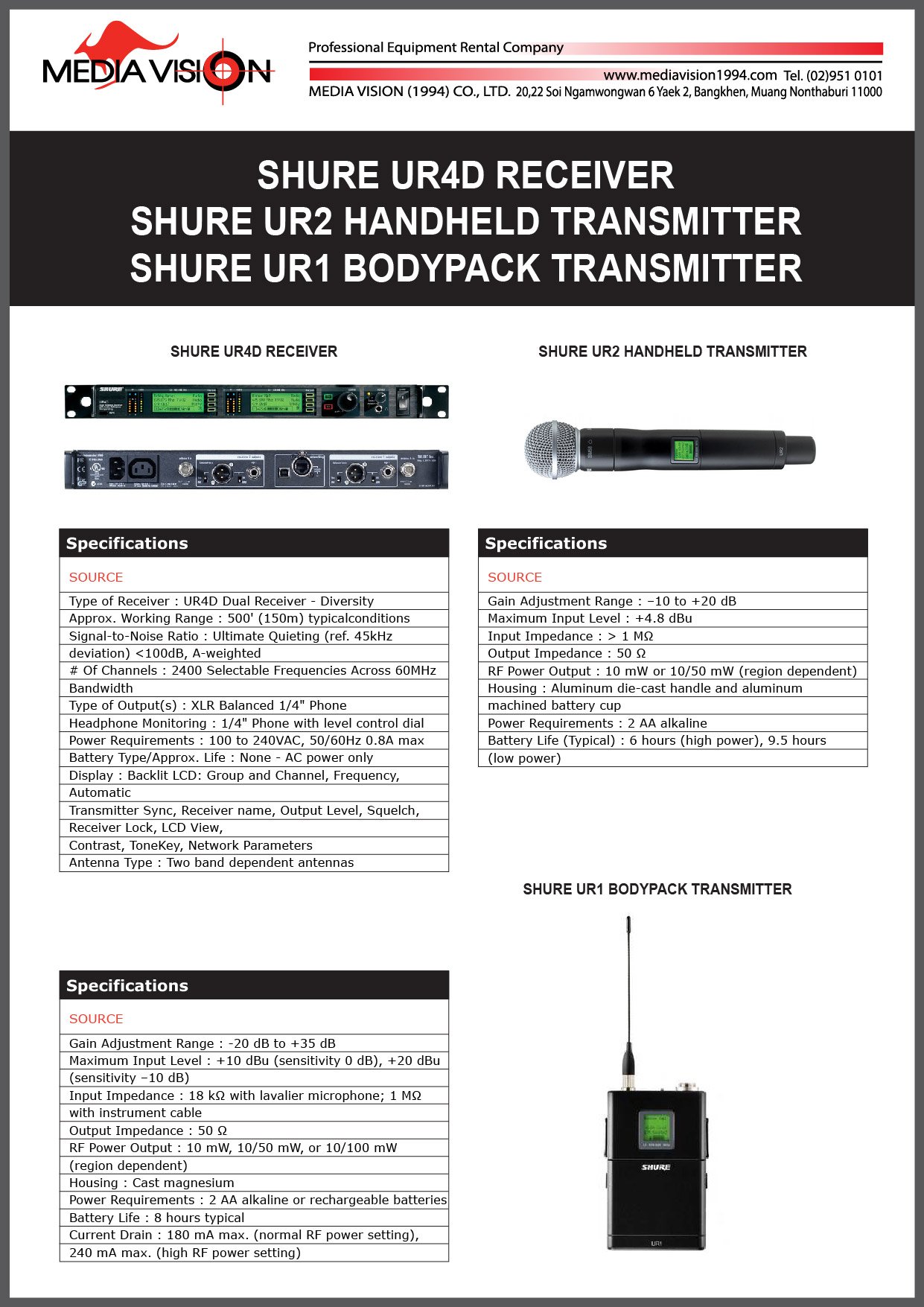 Ur4d SHURE UR4D RECEIVER, SHURE UR2 HANDHELD TRANSMITTER, SHURE UR1 BODYPACK ...