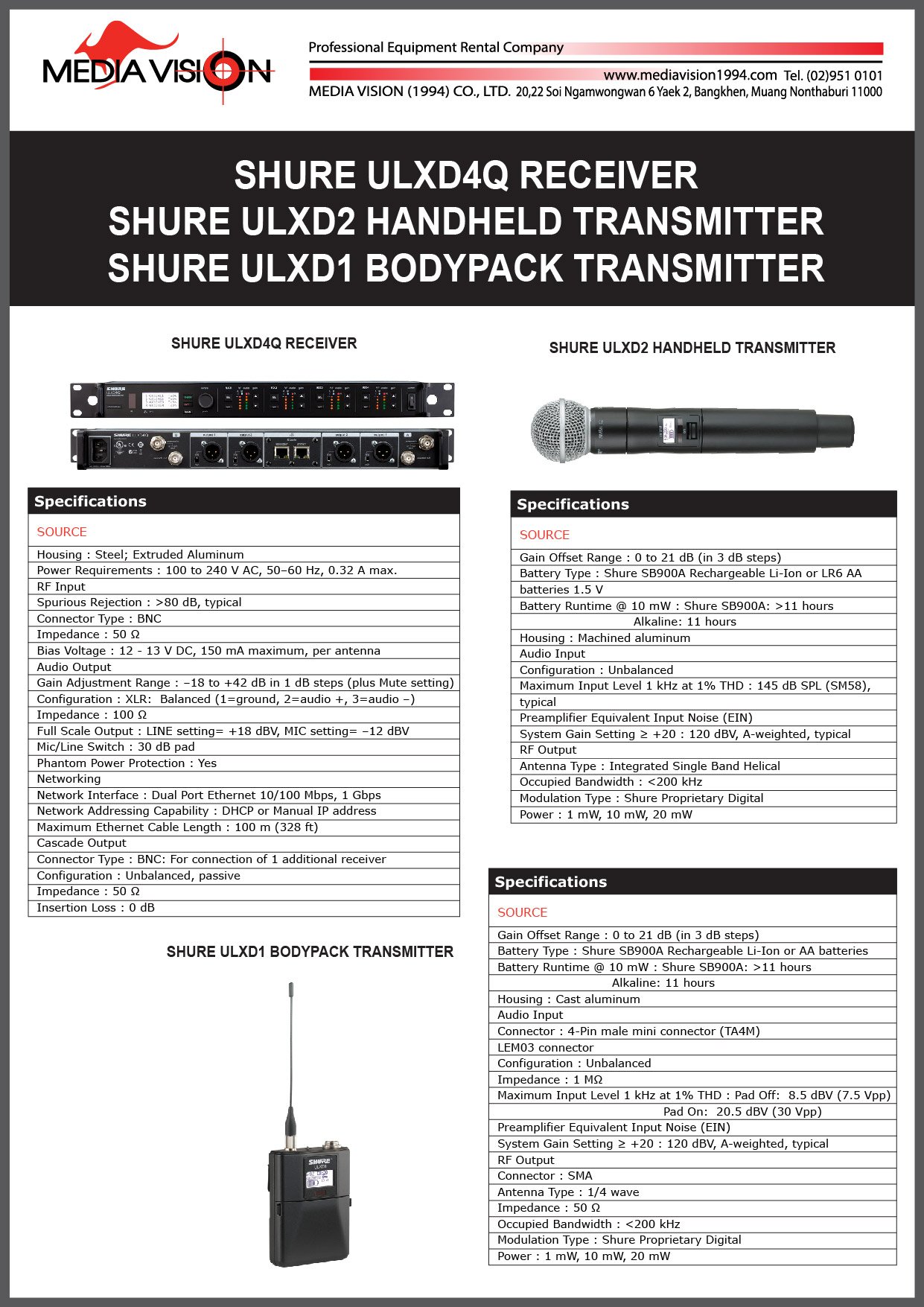 SHURE ULXD4Q RECEIVER, SHURE ULXD2 HANDHELD TRANSMITTER, SHURE ULXD1 BODYPACK TRANSMITTER