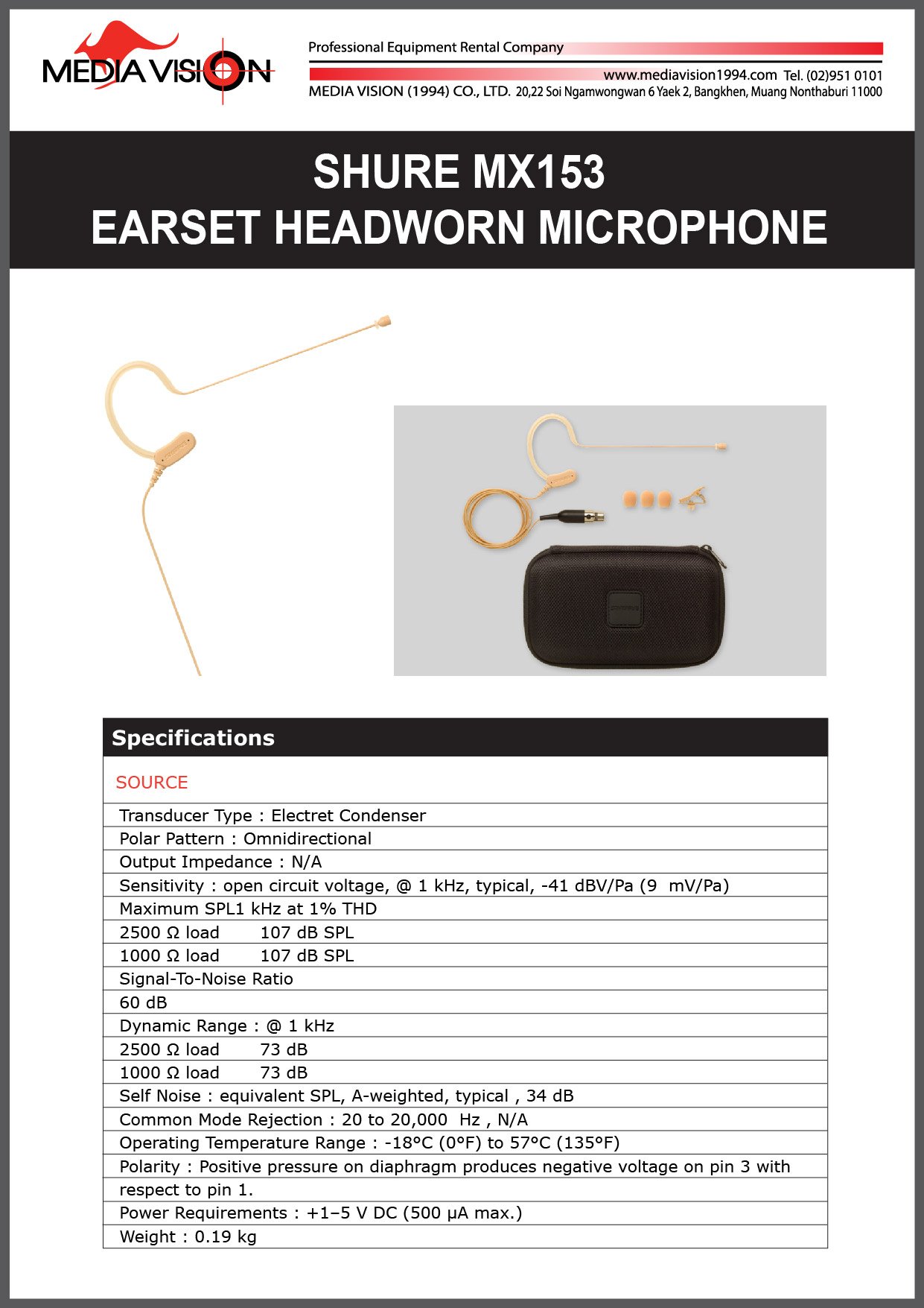 SHURE MX153 EARSET HEADWORN MICROPHONE