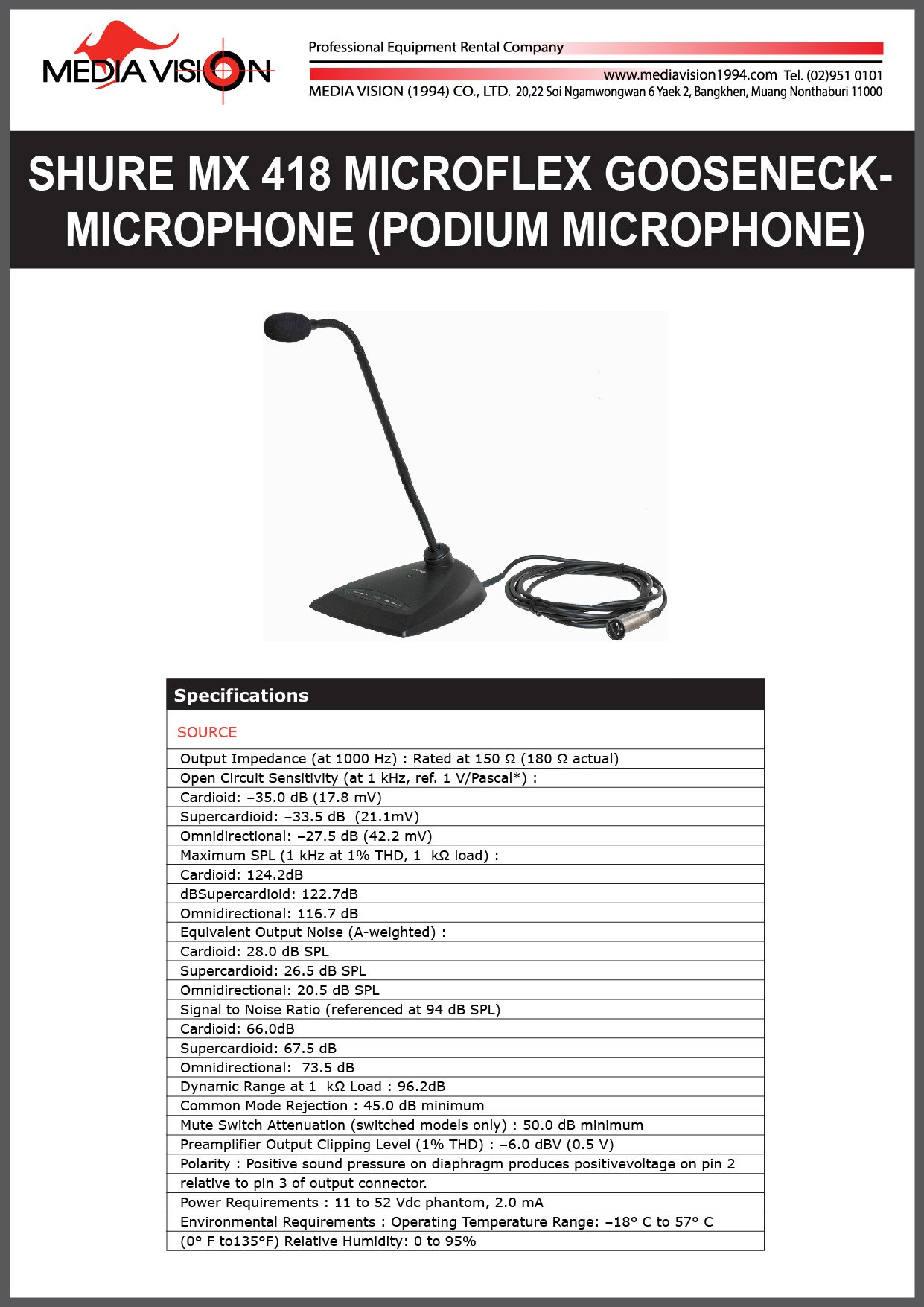 SHURE MX 418 MICROFLEX GOOSENECKMICROPHONE (PODIUM MICROPHONE)