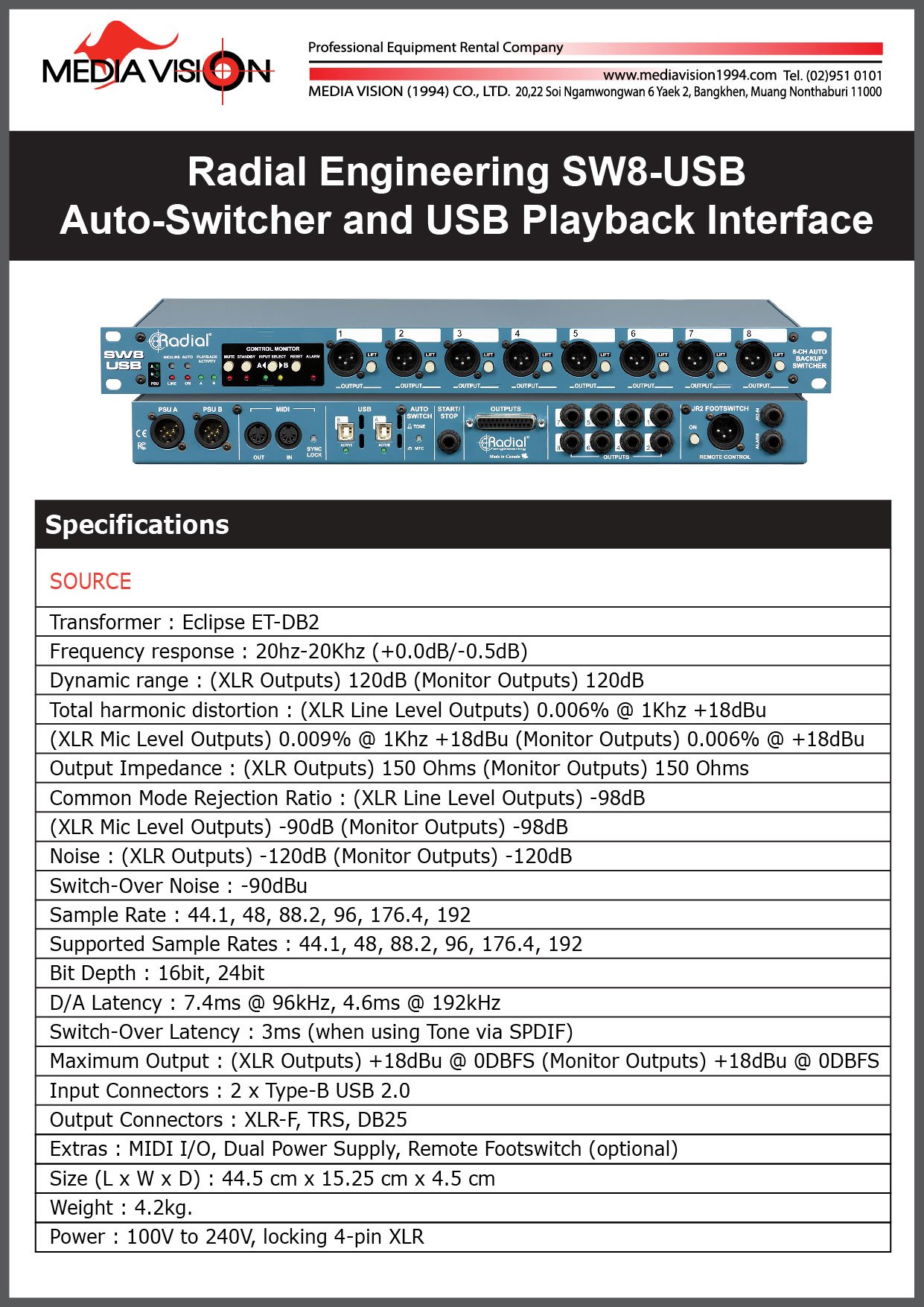 RADIAL ENGINEERING SW8-USB AUTO-SWITHCHER AND USB PLAYBACK INTERFACE