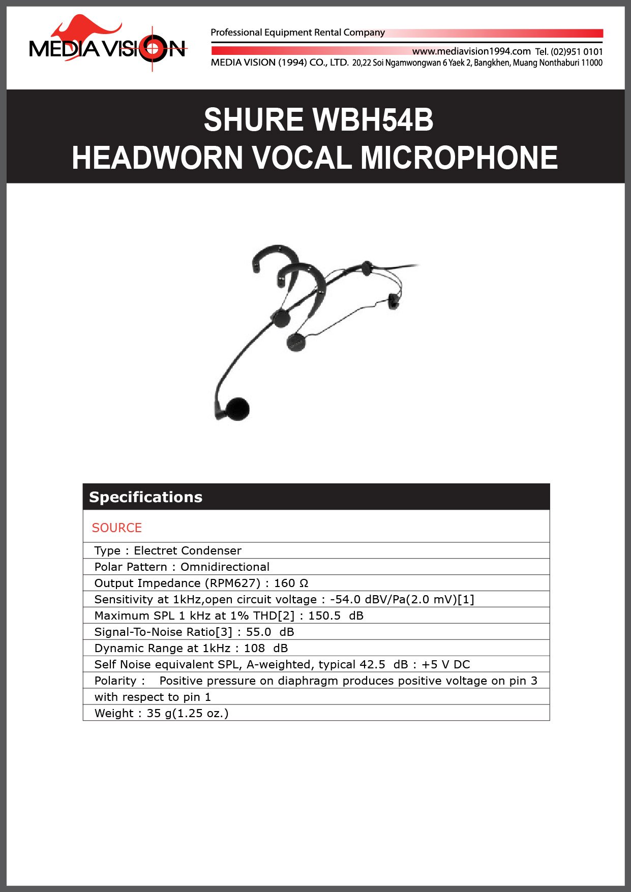 SHURE WBH54B HEADWORN VOCAL MICROPHONE