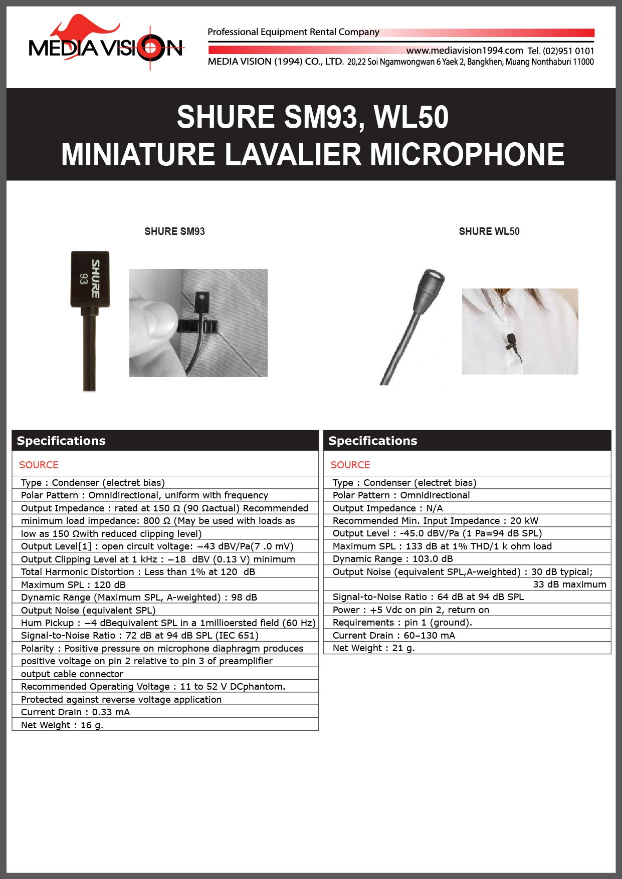 SHURE SM93, WL50 MINIATURE LAVALIER MICROPHONE