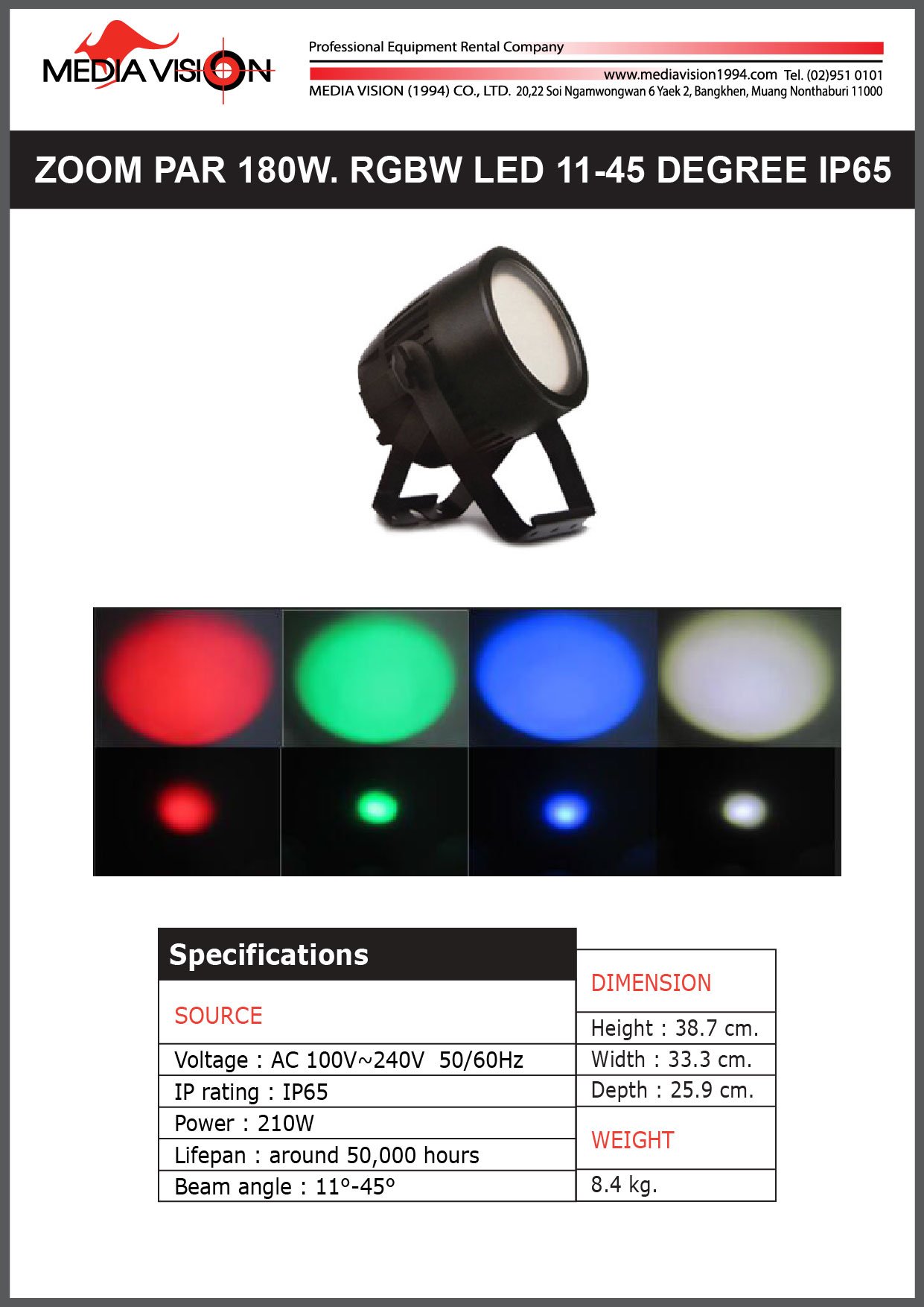 ZOOM PAR 180W. RGBW LED 11-45 DEGREE IP65