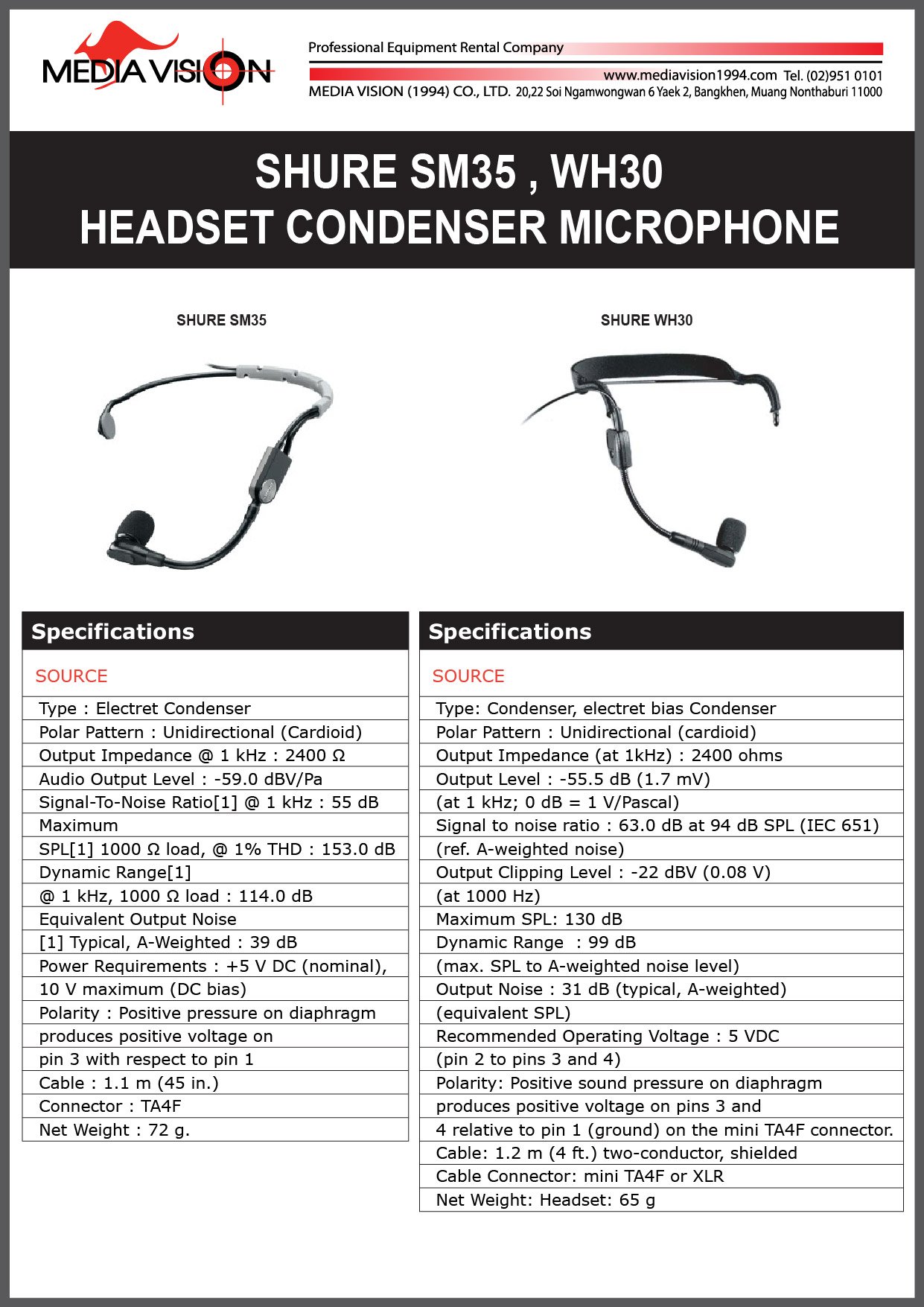 SHURE SM35, WH30 HEADSET CONDENSER MICROPHONE
