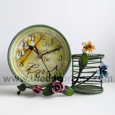 นาฬิกาโลหะเขียว ดอกไม้เลื้อย + กระป๋องใส่ของ สไตล์วินเทจ