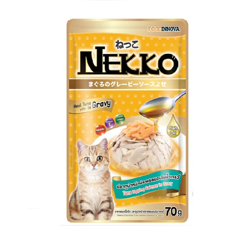 อาหารแมวเน็กโกะ เพาซ์ 70 ก. ทูน่าในน้ำเกรวี่หน้าแซลมอน