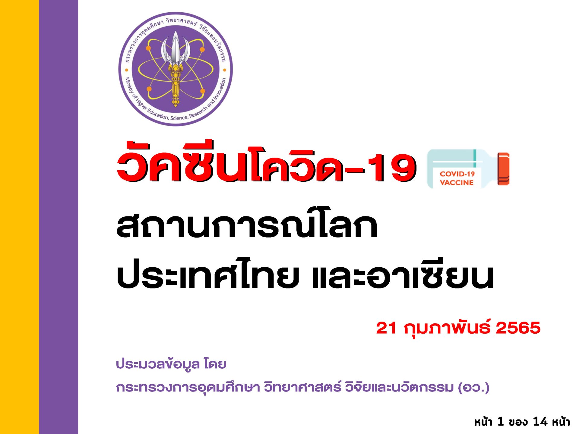 อว. เผยฉีดวัคซีนของไทย ณ วันที่ 21 กุมภาพันธ์ 2565 ฉีดวัคซีนแล้ว 121,725,326 โดส และทั่วโลกแล้ว 10,558 ล้านโดส ใน 205 ประเทศ/เขตปกครอง ส่วนอาเซียนฉีดแล้วทุกประเทศ รวมกันกว่า 955.07 ล้านโดส โดยกรุงเทพฯ ยังเป็นพื้นที่ฉีดวัคซีนเข็ม 1 มากสุด (112.9%) อว. เผยฉีดวัคซีนของไทย ณ วันที่ 21 กุมภาพันธ์ 2565 ฉีดวัคซีนแล้ว 121,725,326 โดส และทั่วโลกแล้ว 10,558 ล้านโดส ใน 205 ประเทศ/เขตปกครอง ส่วนอาเซียนฉีดแล้วทุกประเทศ รวมกันกว่า 955.07 ล้านโดส โดยกรุงเทพฯ ยังเป็นพื้นที่ฉีดวัคซีนเข็ม 1 มากสุด (112.9%)