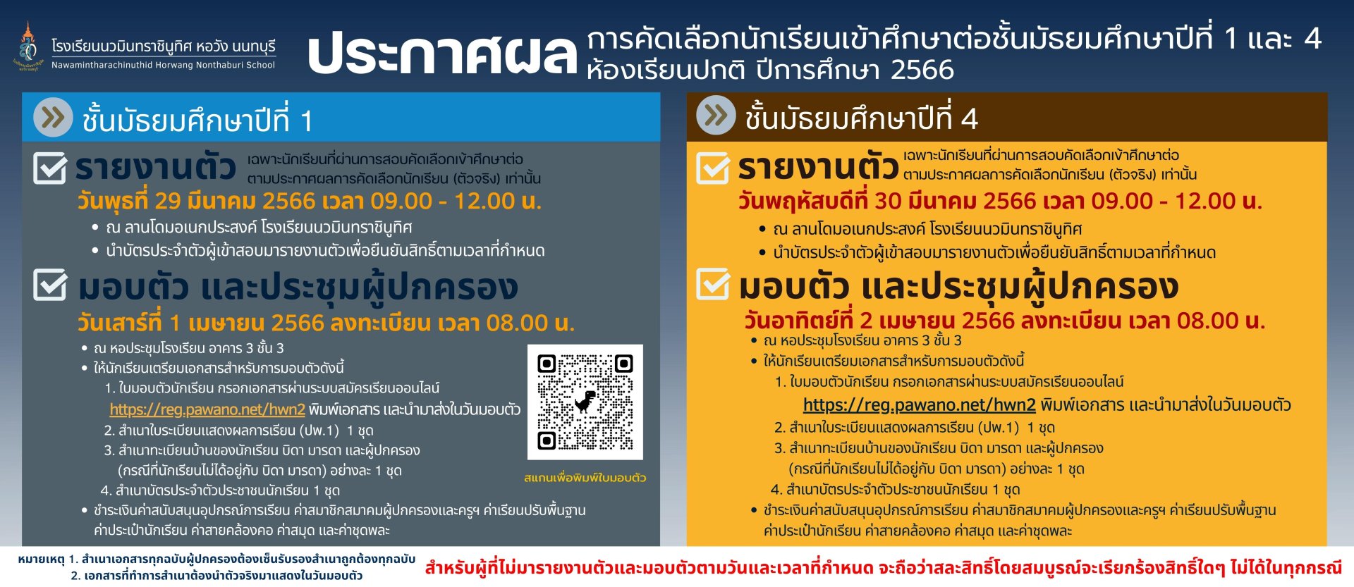 ประกาศผลการคัดเลือกนักเรียนเข้าศึกษาต่อชั้นมัธยมศึกษาปีที่ 1 และ 4 ห้องเรียนปกติ ปีการศึกษา 2566