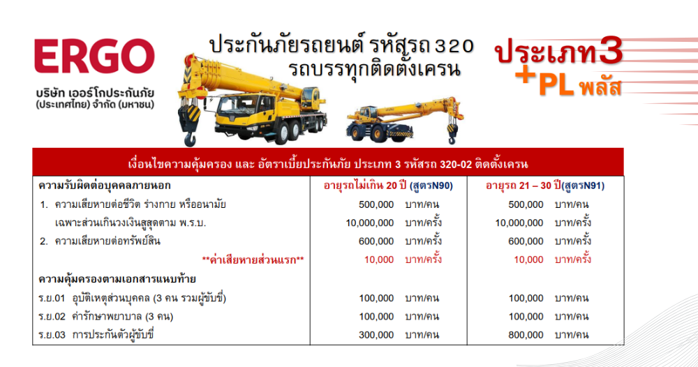 ประกันภัยรถยนต์รหัสรถ 320 รถบรรทุกติดตั้งเครน ประเภท +PL พลัส ประกันภัยรถยนต์รหัสรถ 320 รถบรรทุกติดตั้งเครน ประเภท +PL พลัส