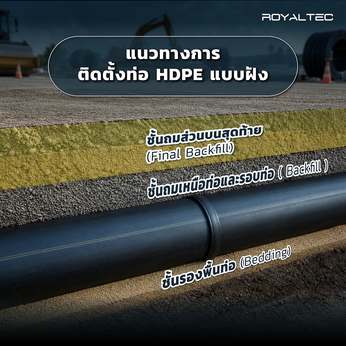 ภาพตัดร่องวางท่อ HDPE พร้อมวัสดุรองพื้น bedding ที่เรียบสม่ำเสมอและการถมกลับ