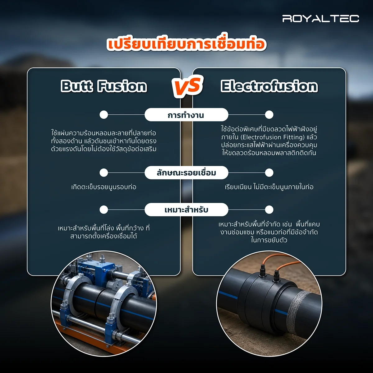 ขั้นตอนการเชื่อมท่อ HDPE เปรียบเทียบแบบ Butt Fusion และ Electrofusion