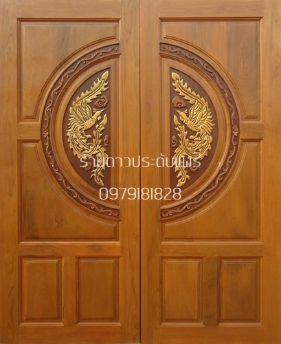 ประตูไม้สักวงล้อหงส์ ขอบลายไทย