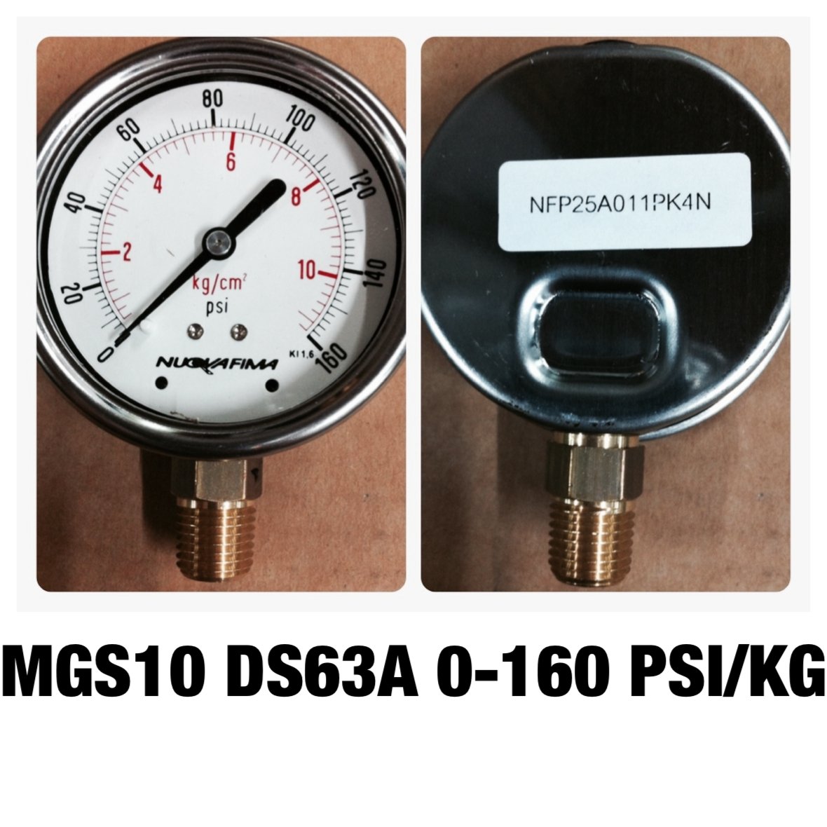 เกจ์วัดความดัน 2.5 นิ้ว 0-10 Kg/cm2 (160PSI) ออกล่าง เกลียว 1/4" NPT ทองเหลือง MGS10 DS63A NUOVAFIMA Pressure Gauge Made in ITALY @ ราคา