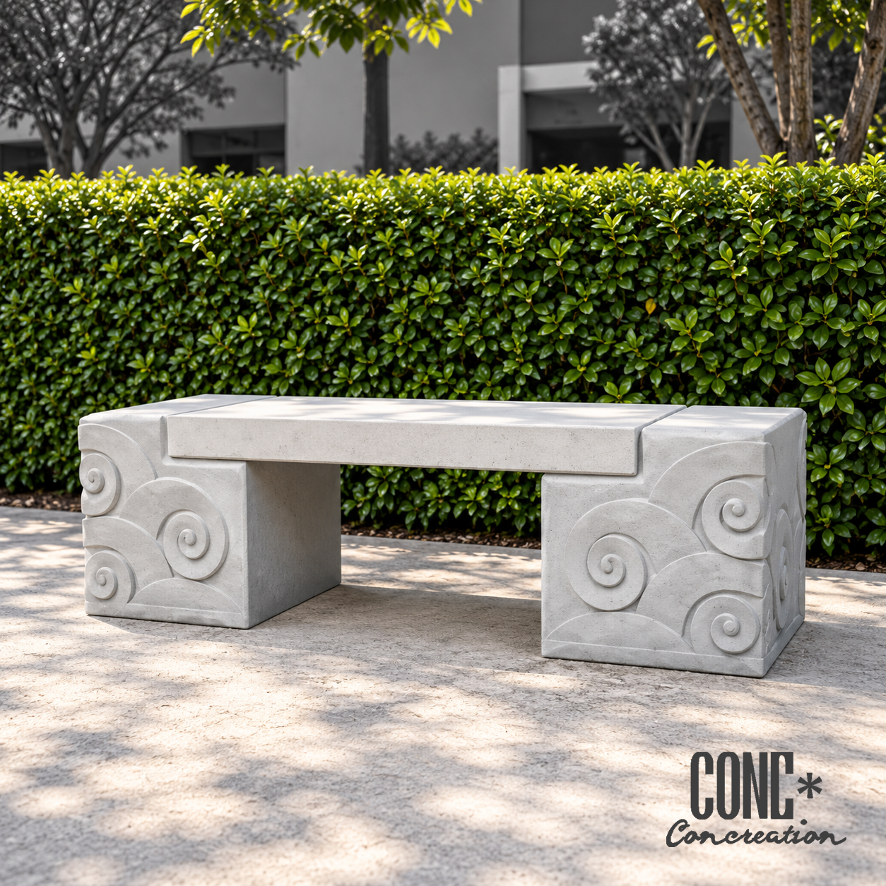 ม้านั่งสนามลายโค้งปูนเทา แผ่นปูนเรียบ