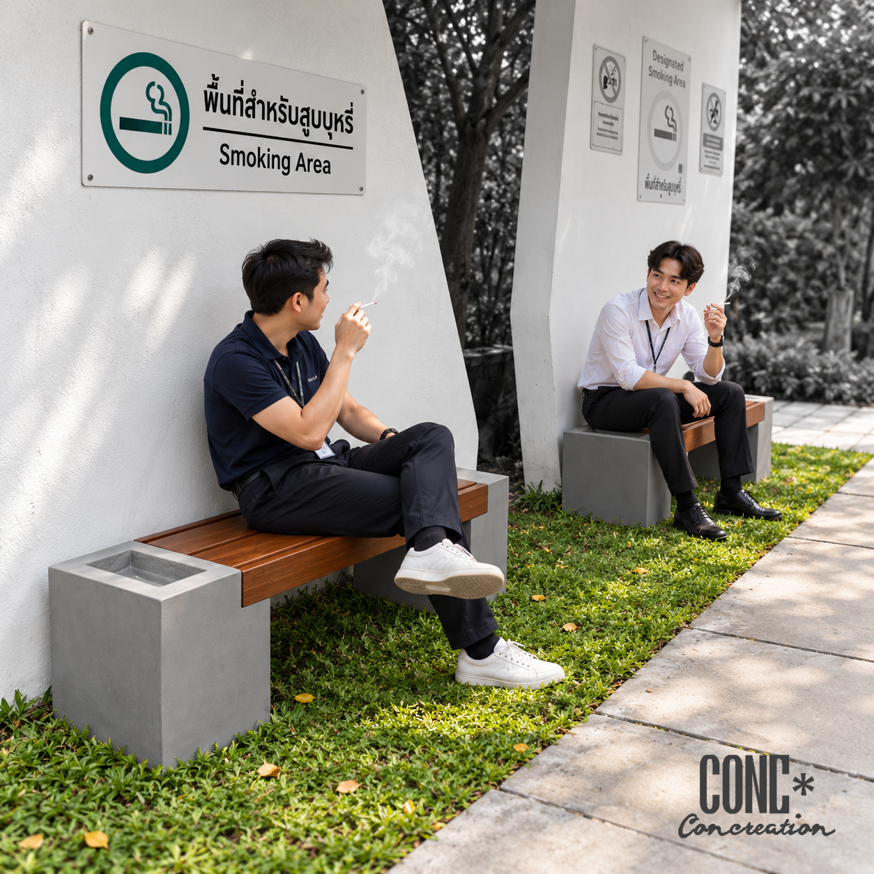 ม้านั่งปูนซีเมนต์ CONC Concreation พร้อมช่องด้านข้างสำหรับวางที่เขี่ยบุหรี่ จัดวางในพื้นที่สูบบุหรี่กลางแจ้ง
