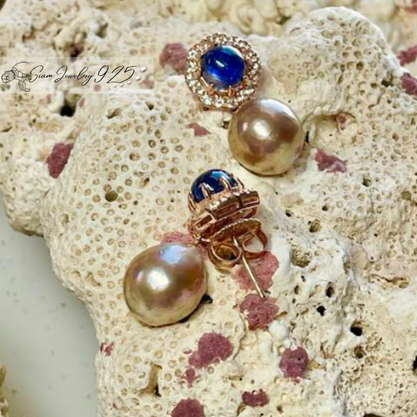 Cut Peridot fresh water Earrings Sterling Silver and Navy gemstone baroque Pearl earrings